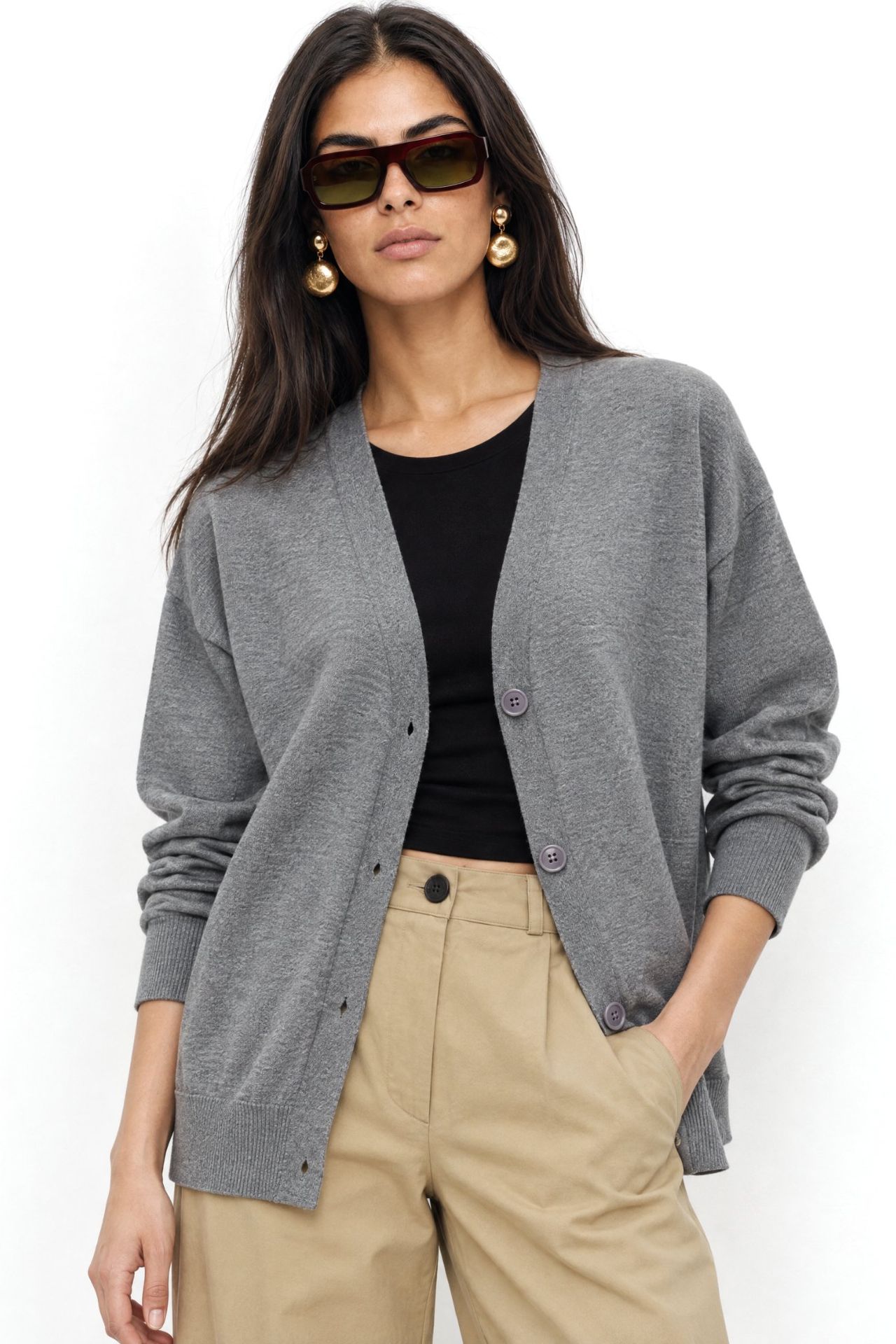 MIXRAY Long Ribbed Knitwear Cardigan with V-neck and Button Closure 1