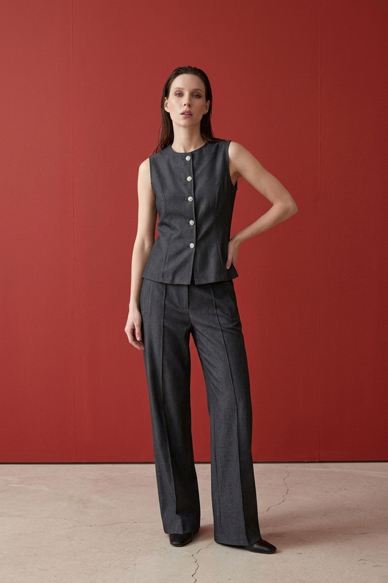 MY FASHION Cotton Poplin Vest and Wide-Leg Trouser Set 1