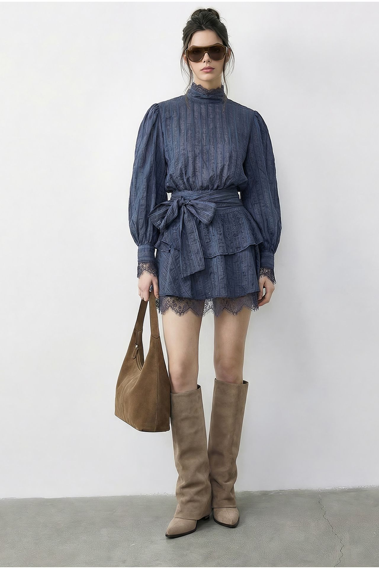 LUCCI Textured Mini Dress with Half Turtleneck and Lace Detail 2