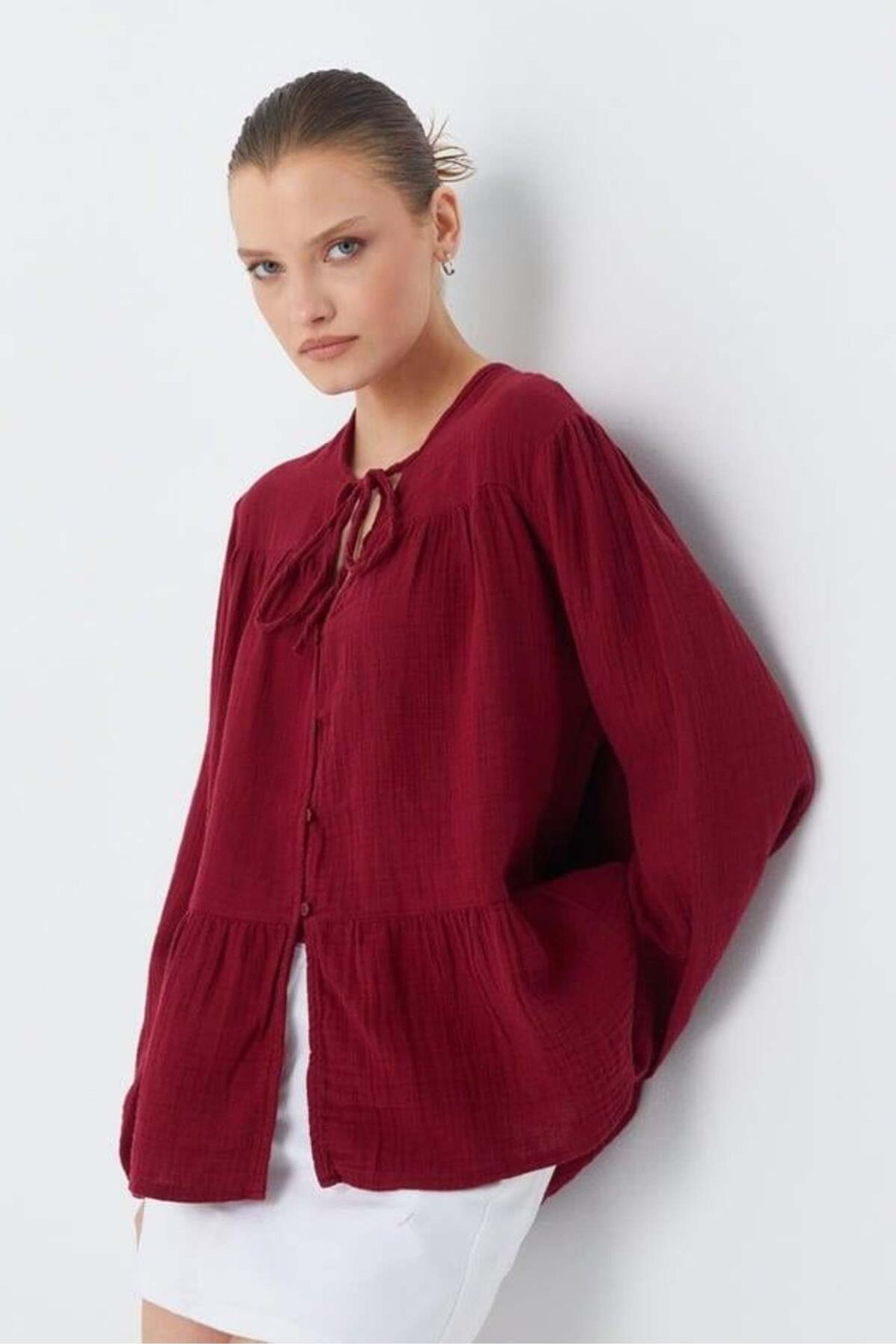 Mixray Long Sleeve Relaxed Fit Blouse with Tie-Neck 3
