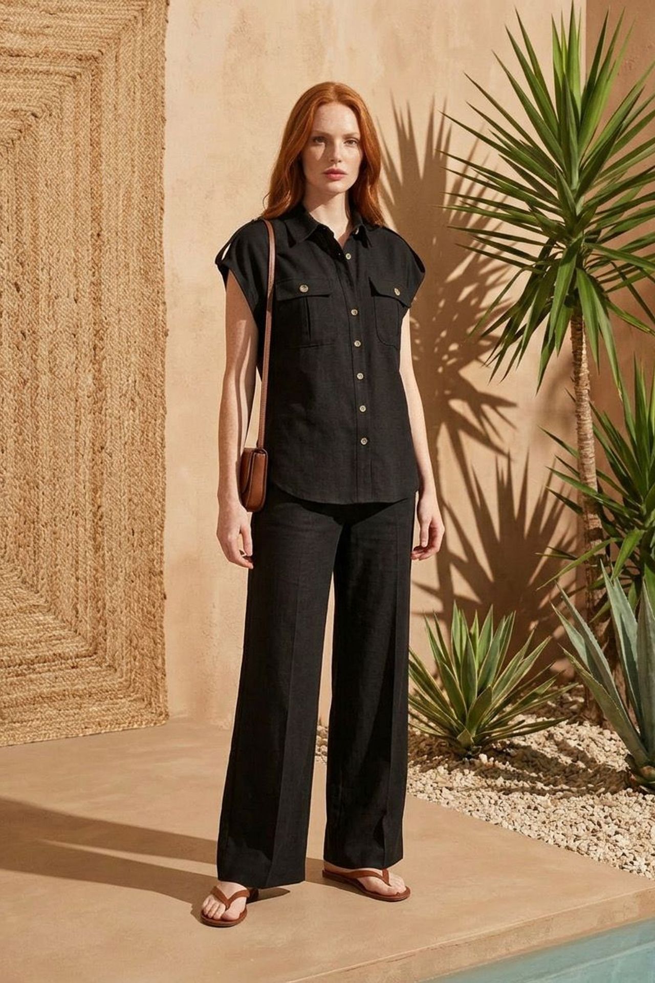 MY FASHION High Waist Wide Leg Two-Piece Set with Shirt Collar 4