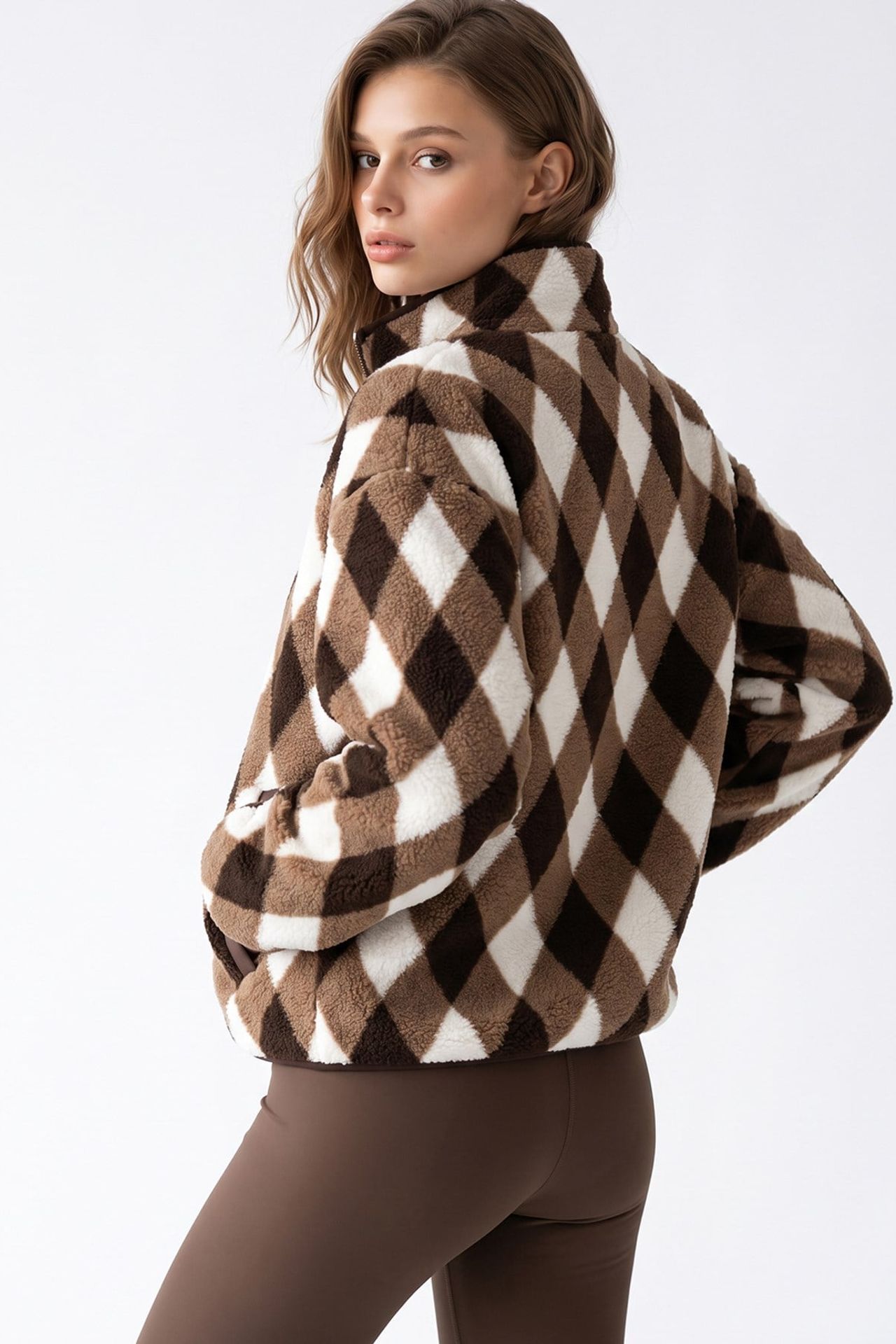 MIXRAY Women's Geometric Zipper Collar Sweatshirt 6
