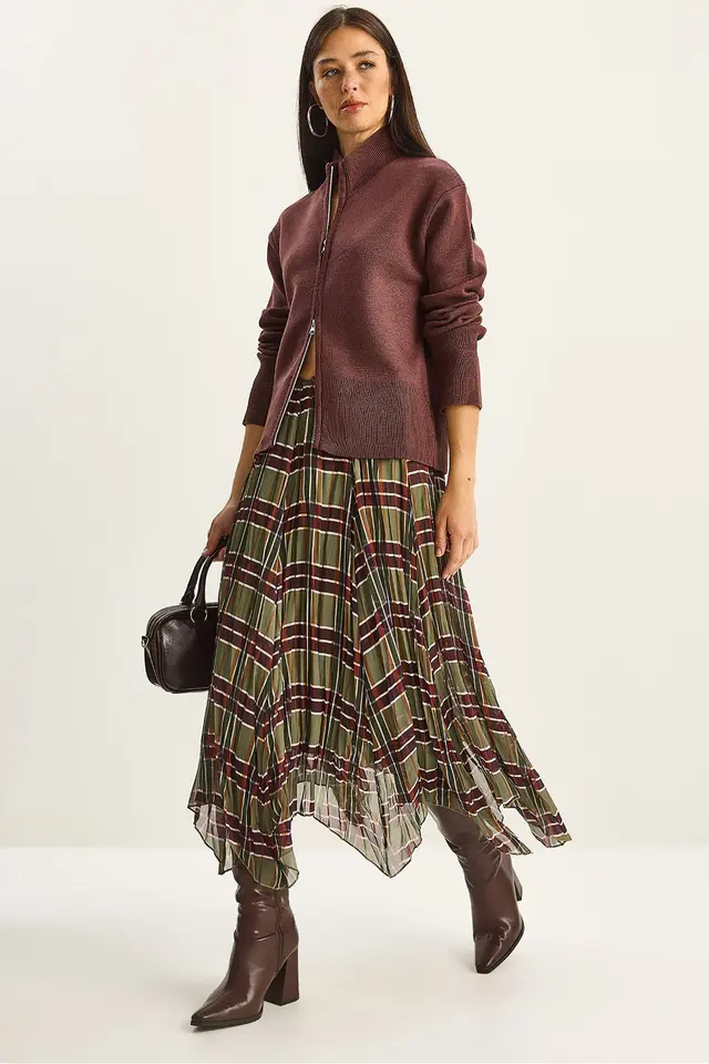 LUCCI Lined Checkered Midi Skirt