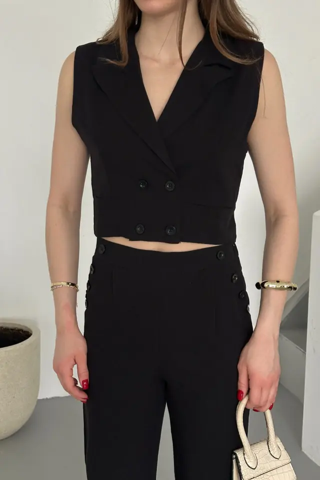MY FASHION High Waist V-neck Buttoned Wide Leg Co-ord Set