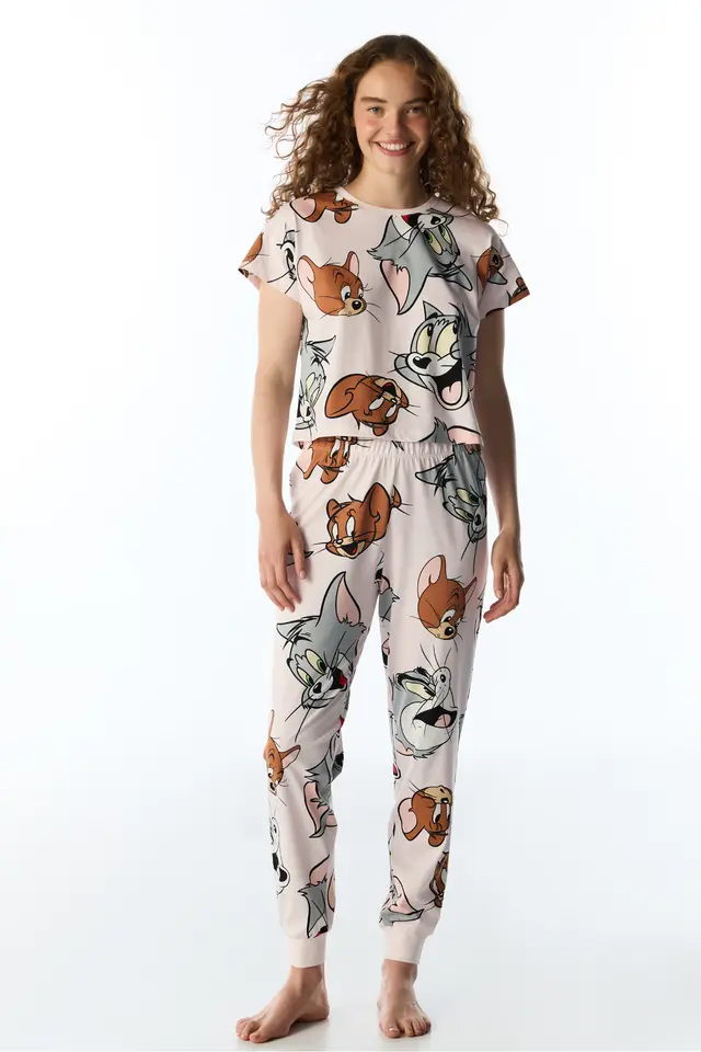 PENTI Tom&jerry Cat Print Short Sleeve Pajama Set