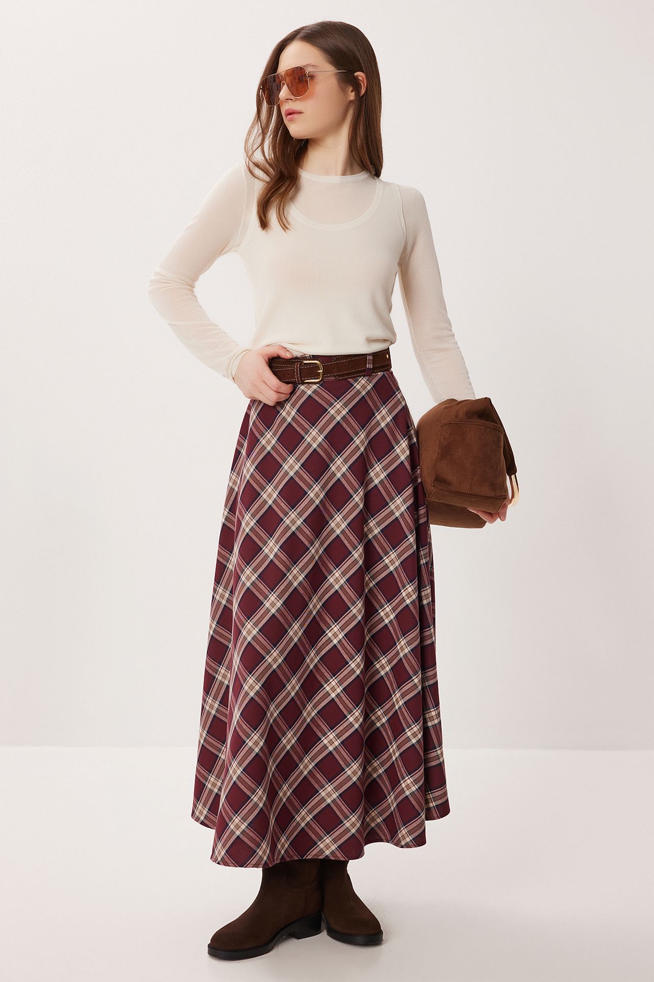 ISTANBUL High-Waist Plaid Midi A-Line Skirt 2
