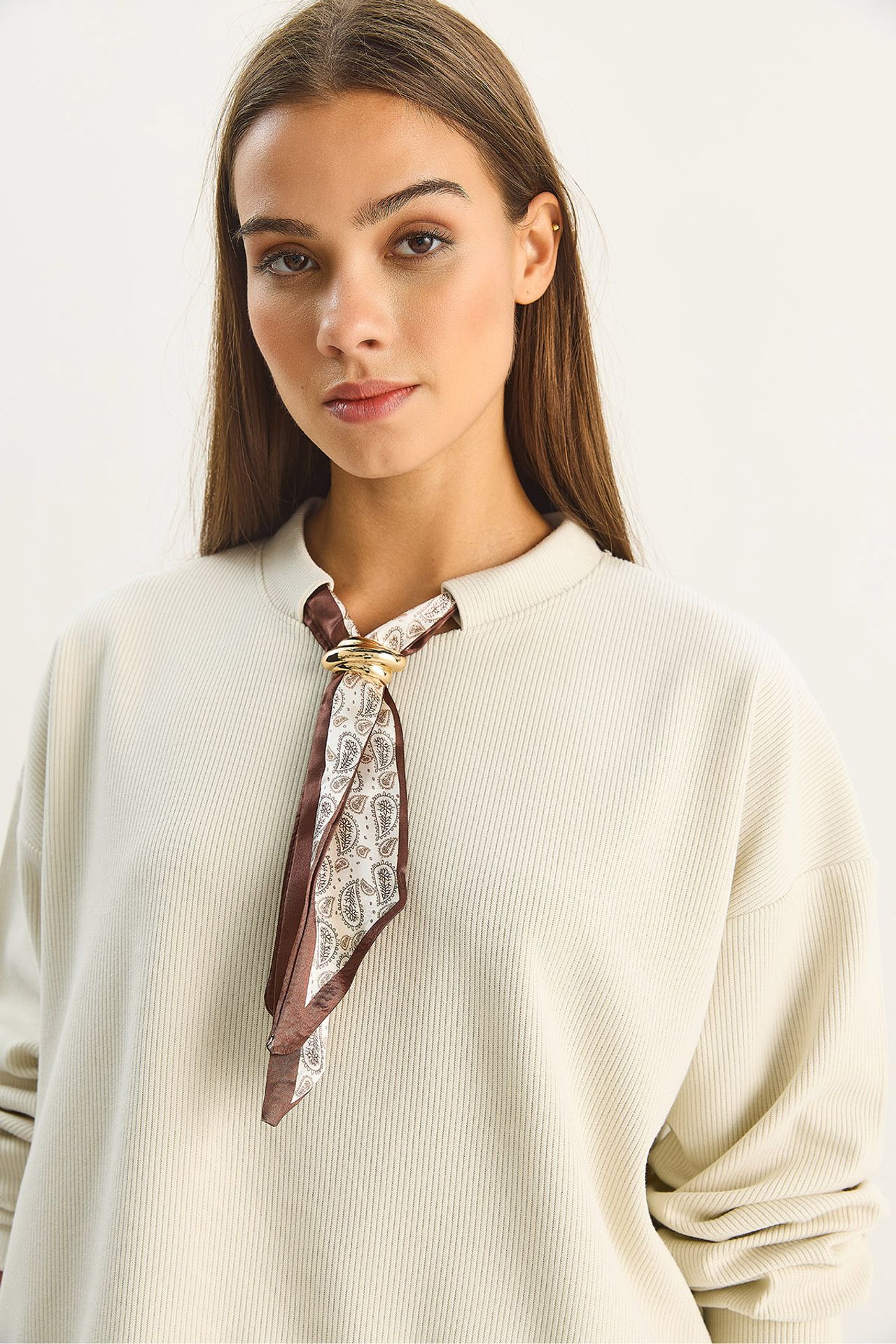 Crew Neck Ribbed Sweatshirt with Scarf Accessory Detail 1