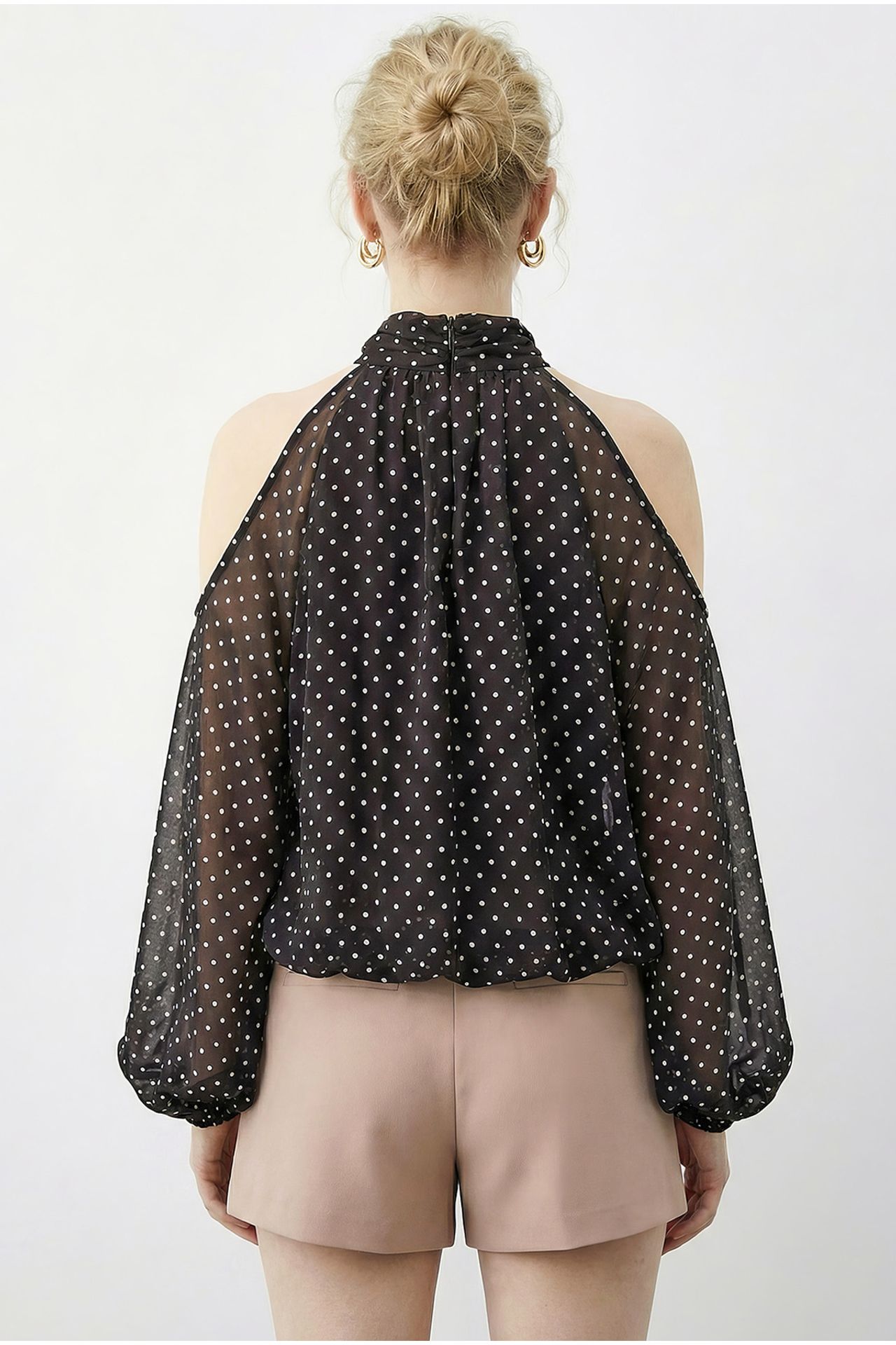 LUCCI Polka Dot Chiffon Turtleneck Blouse with Cut Out 4