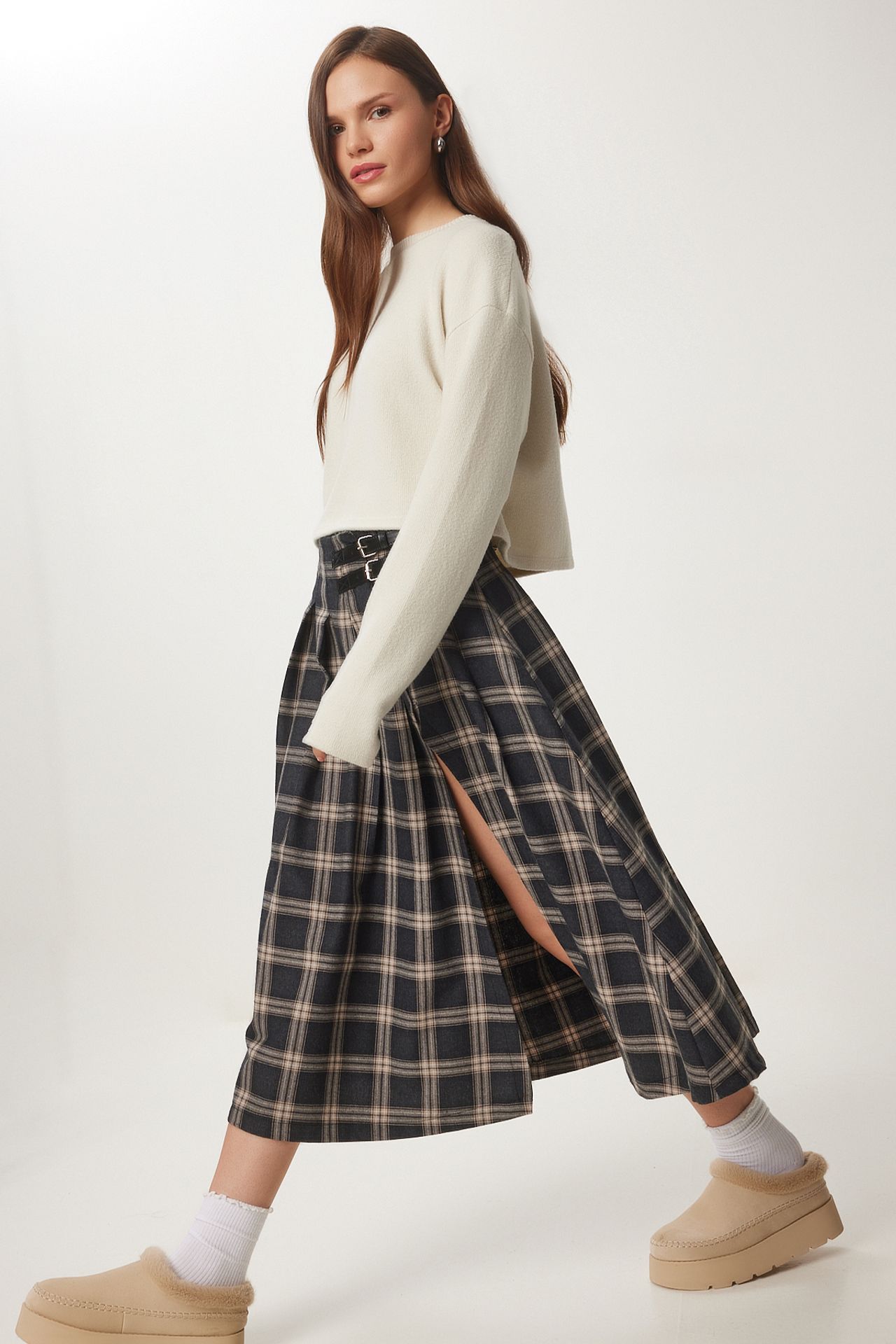 ISTANBUL Belt Detailed High Waist Long Plaid Skirt 1