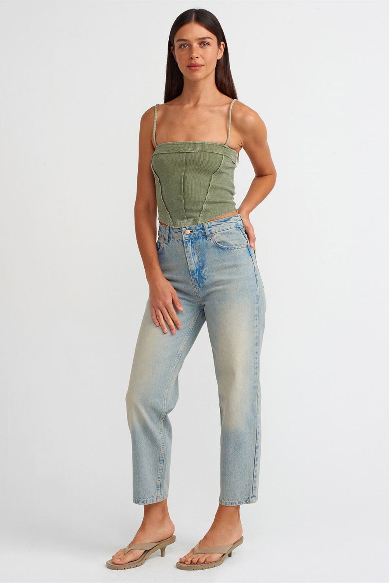 DILVIN Kare Yaka Fitilli Crop Bluz 3