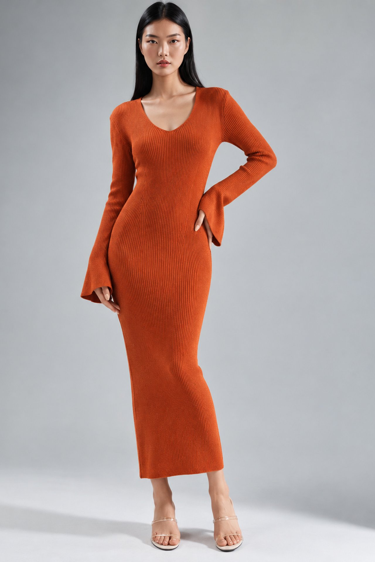 MY FASHION V Yakalı Dokulu Uzun Triko Elbise 4