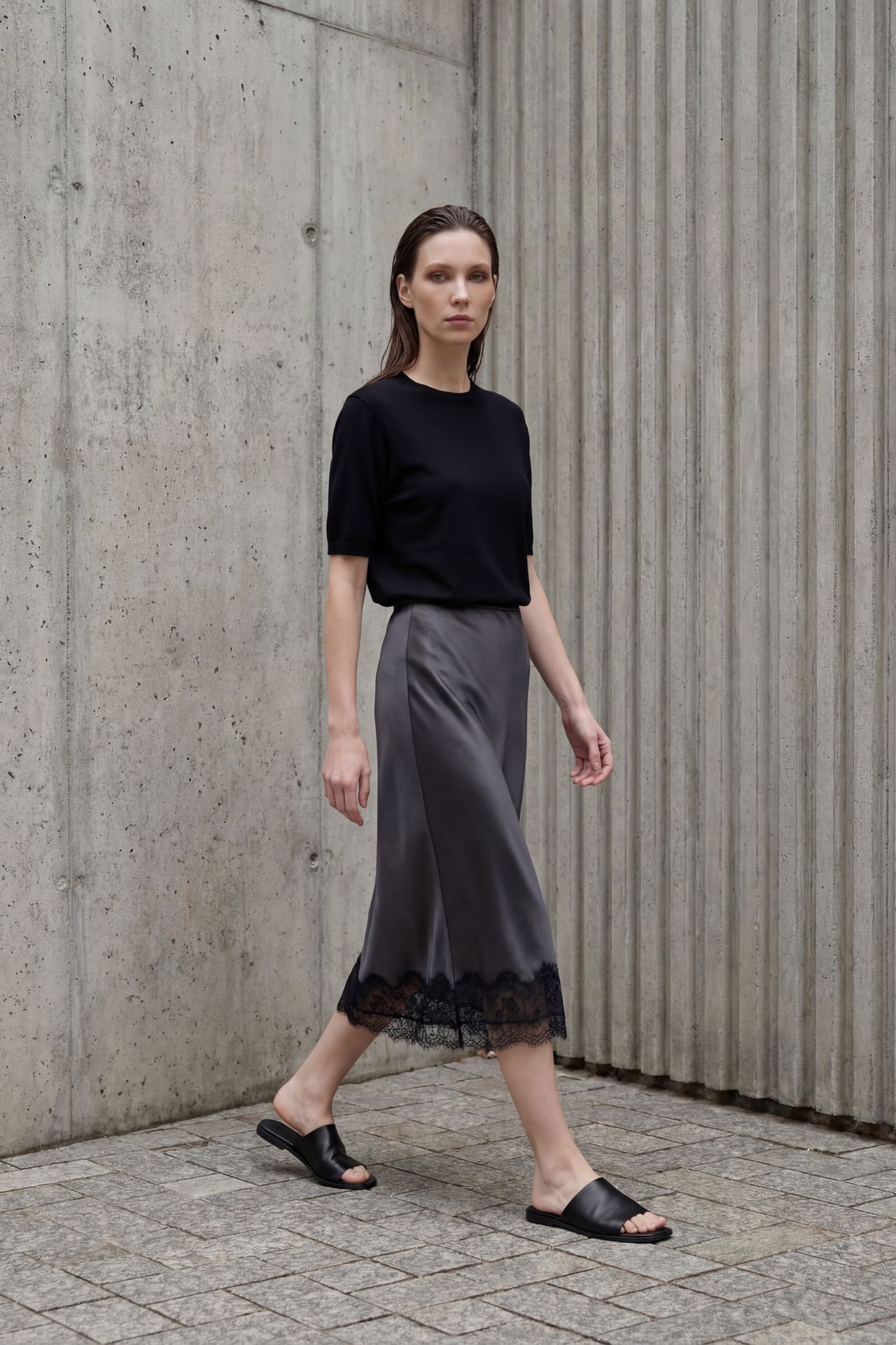MY FASHION Lace Detailed Satin Midi Skirt 1