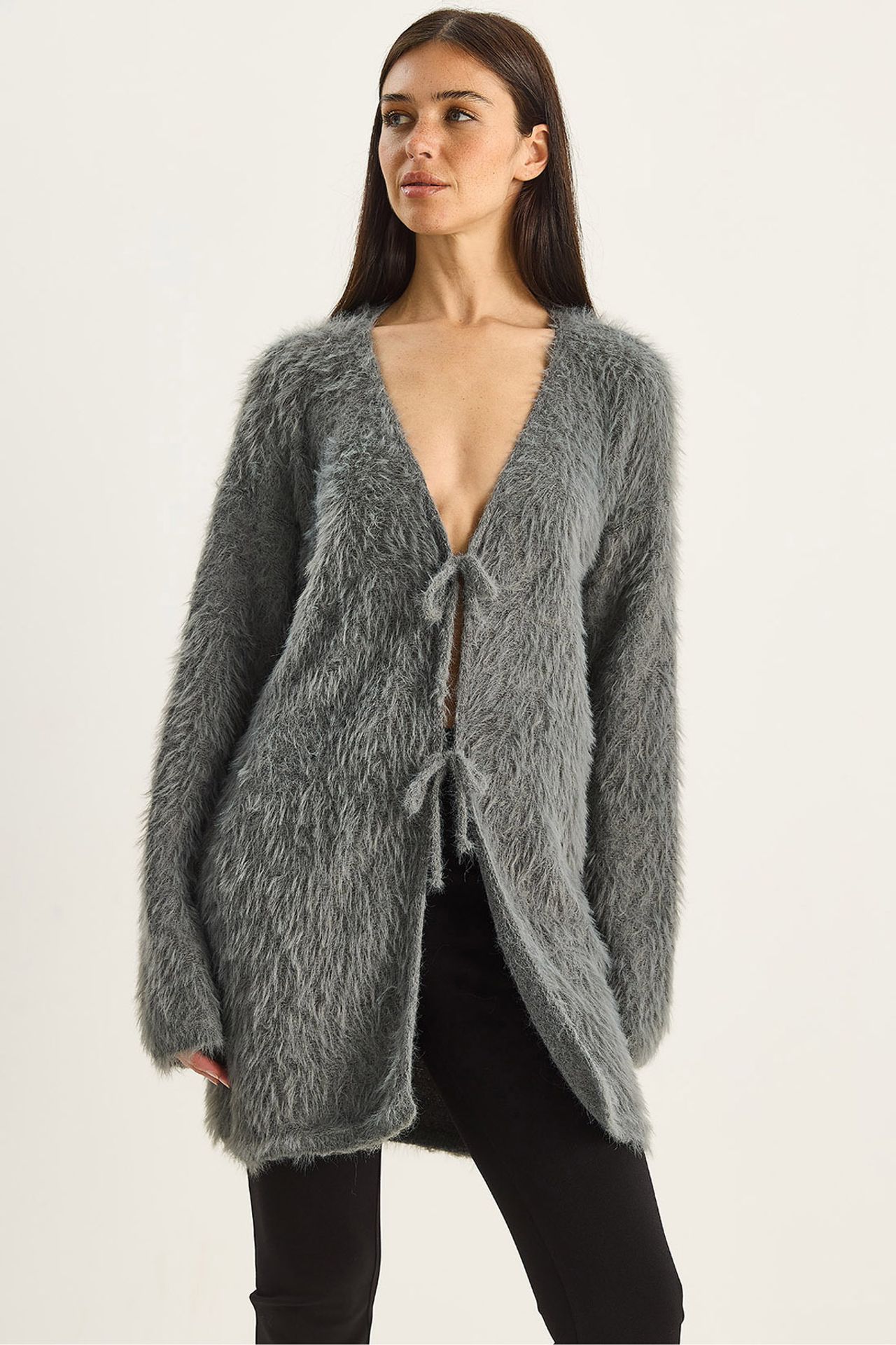 LUCCI Textured V-Neck Midi Cardigan with Tie Closure 6