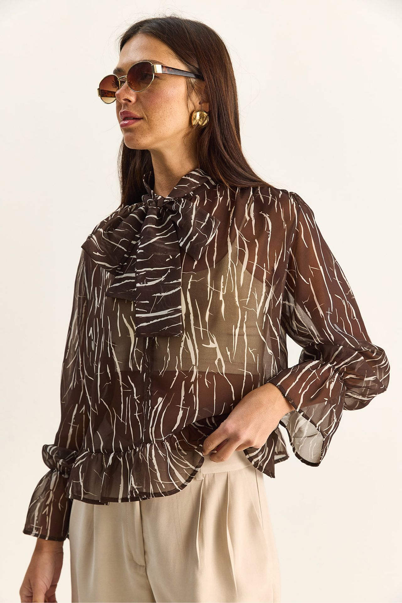 LUCCI Abstract Print Choker Collar Chiffon Blouse with Tie Detail 1
