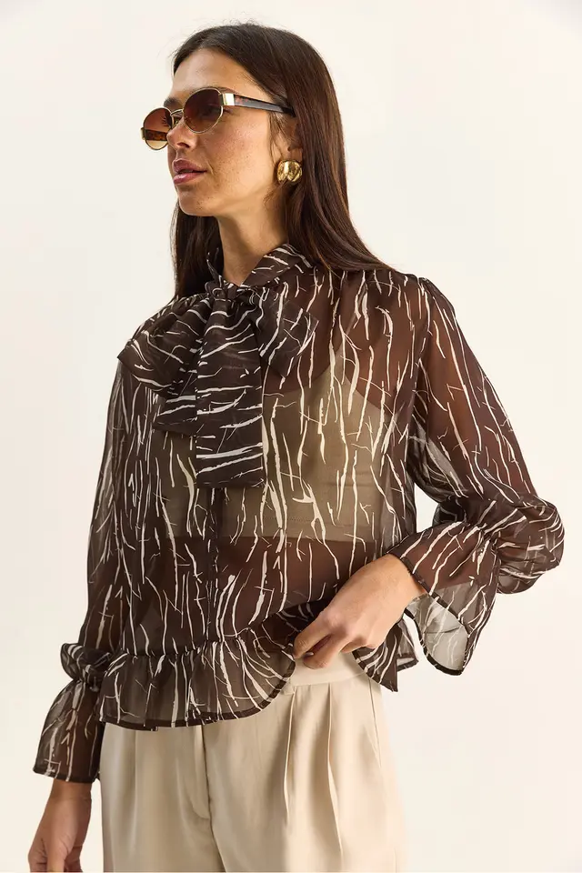 LUCCI Abstract Print Choker Collar Chiffon Blouse with Tie Detail
