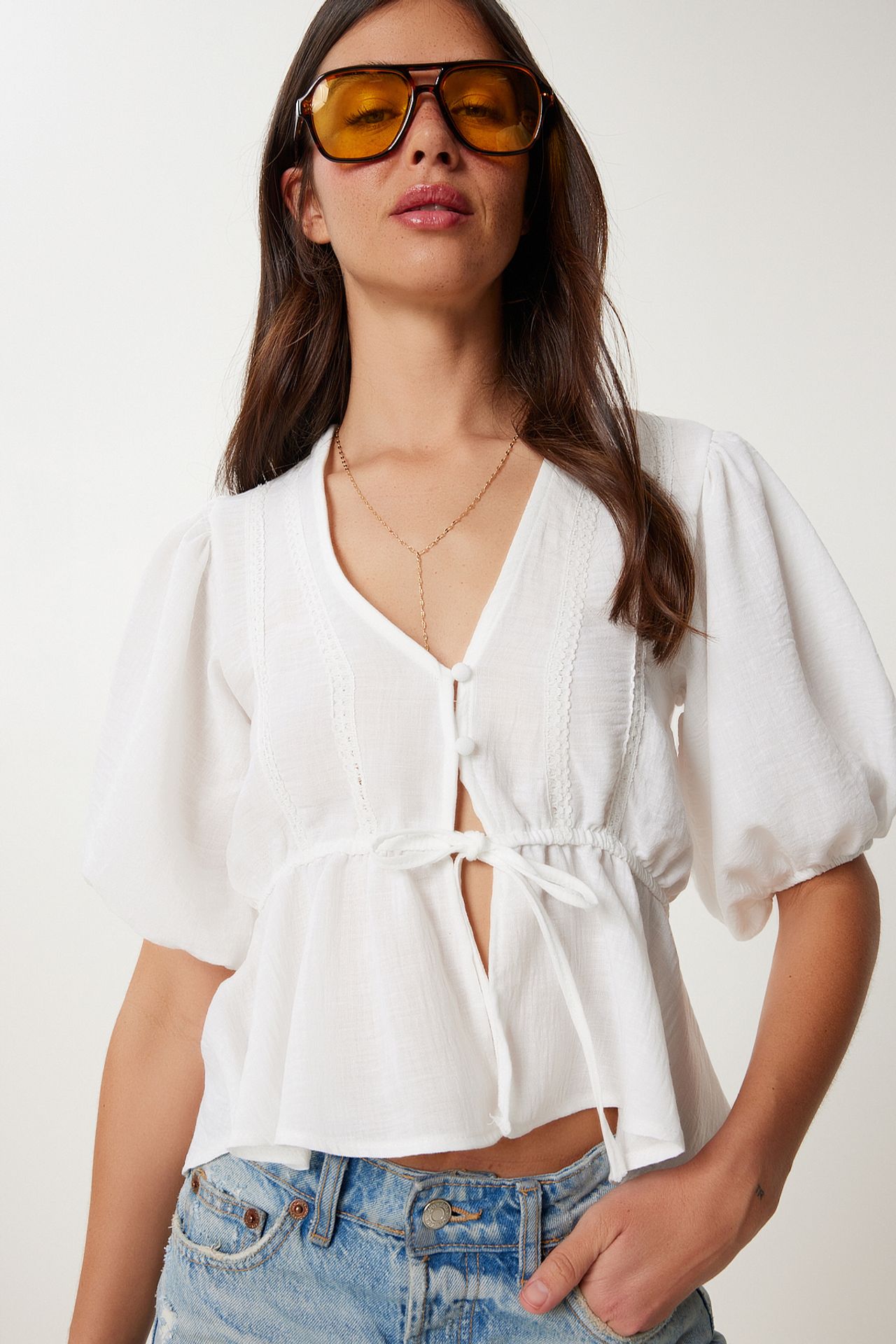 ISTANBUL V-Neck Short Sleeve Lace Blouse with Drawstring 2
