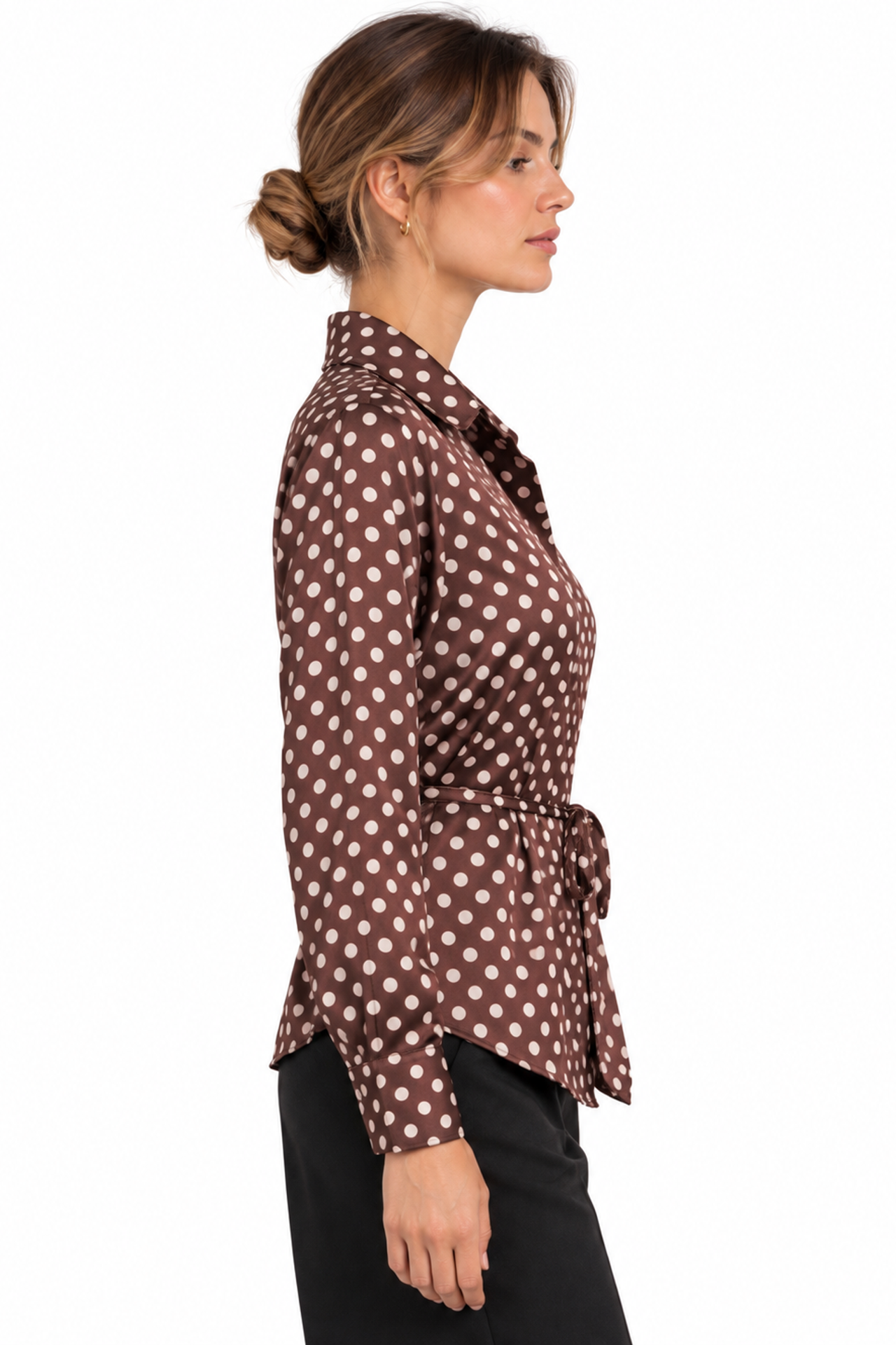 MIXRAY Polka Dot Tie Detail Button-Up Shirt 2