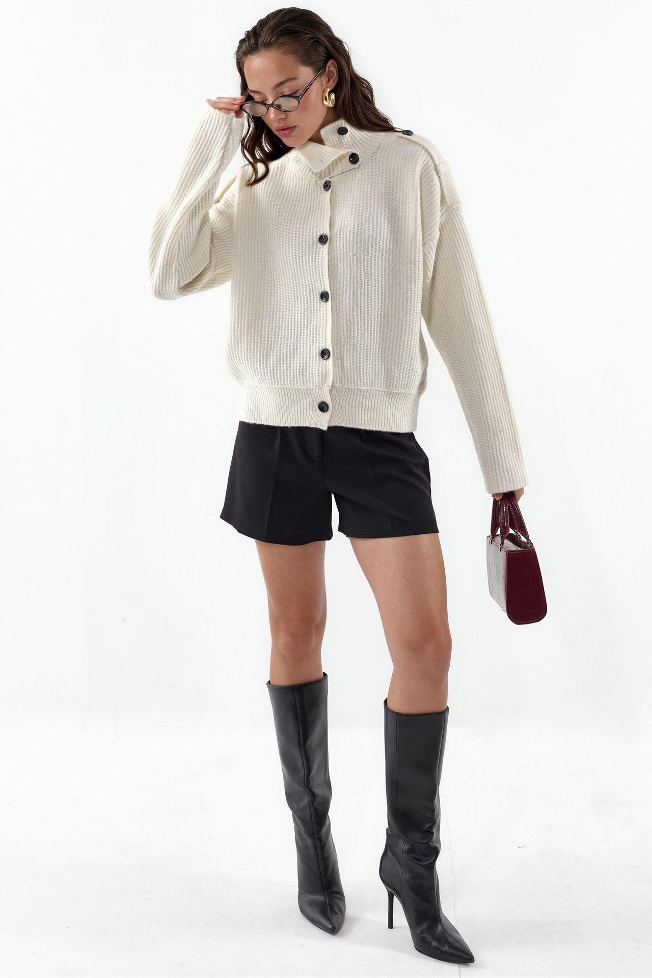 VIORNA Ribbed Half-Turtleneck Button Cardigan 3