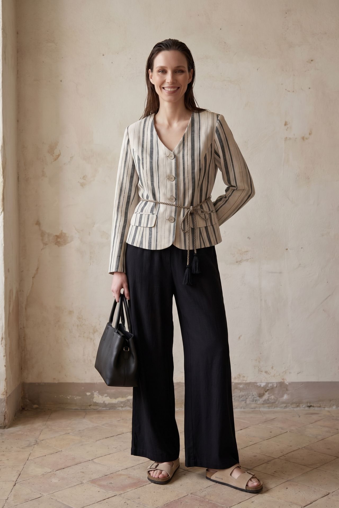 MY FASHION Striped belted poplin jacket 1