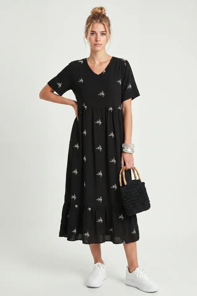 ISTANBUL Embroidered V-Neck Midi Dress