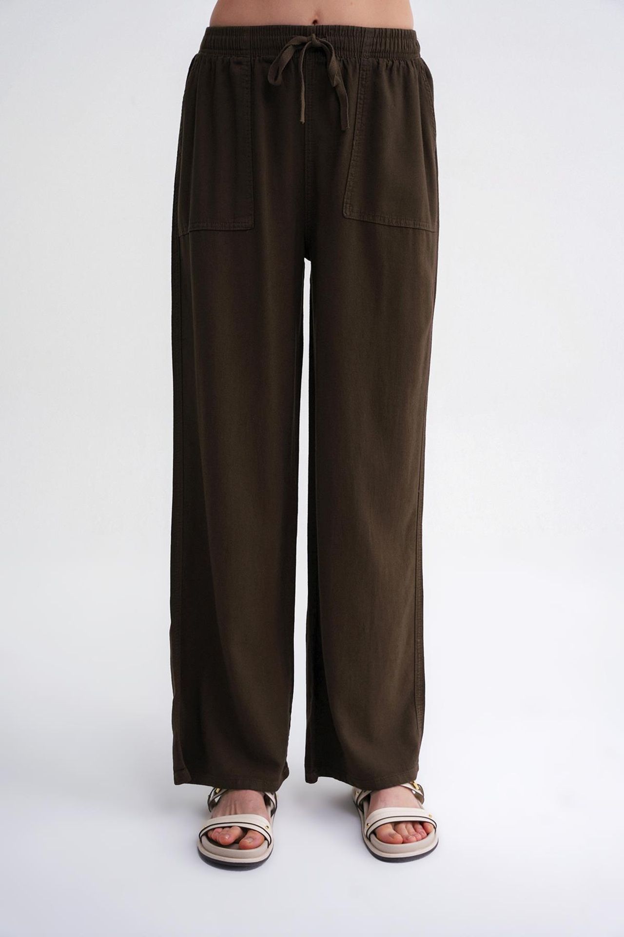 MIXRAY Mid Waist Straight Leg Cotton Pants with Tie Closure 4