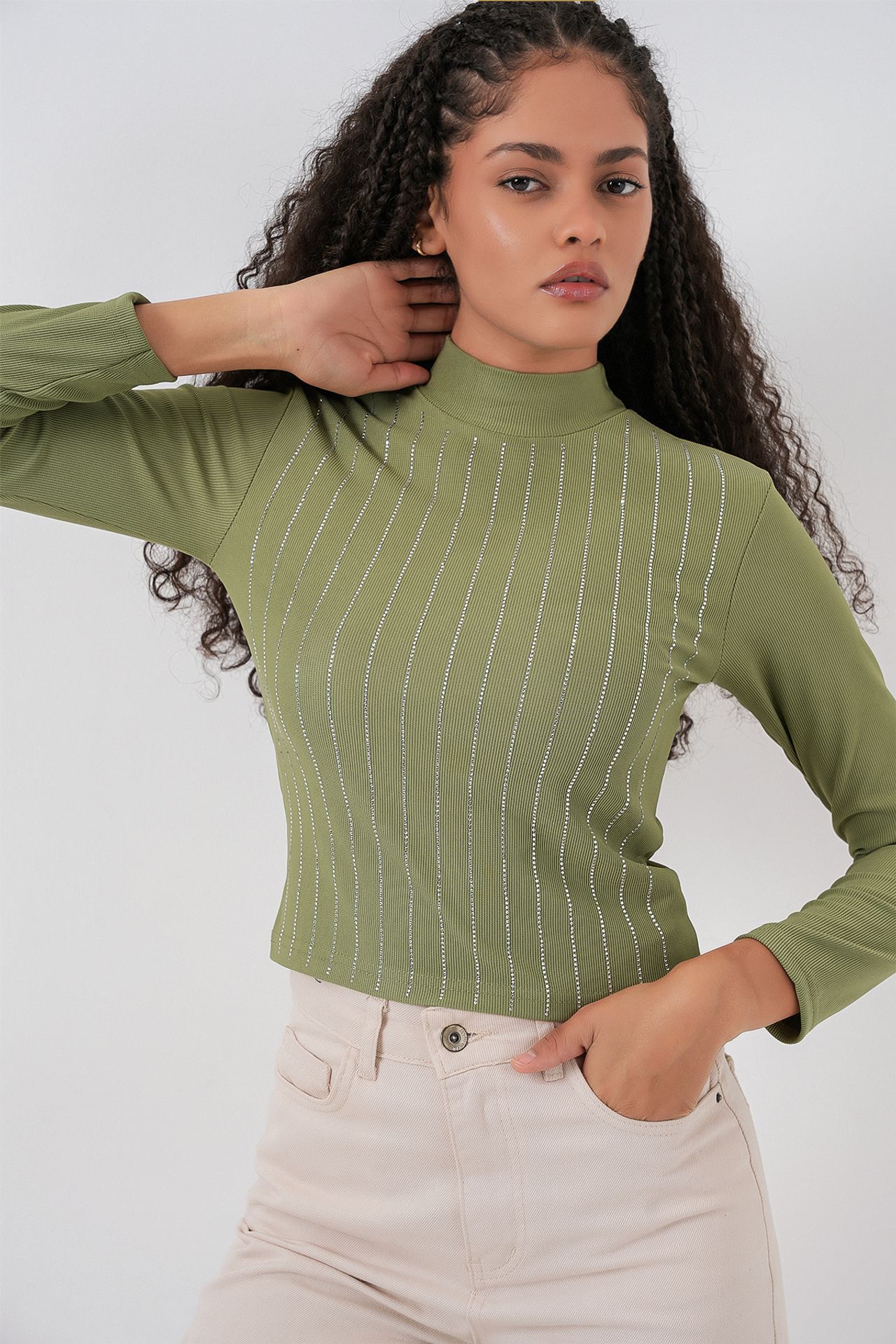 BDART Striped Half Turtleneck Long Sleeve Top with Stone Detail 4
