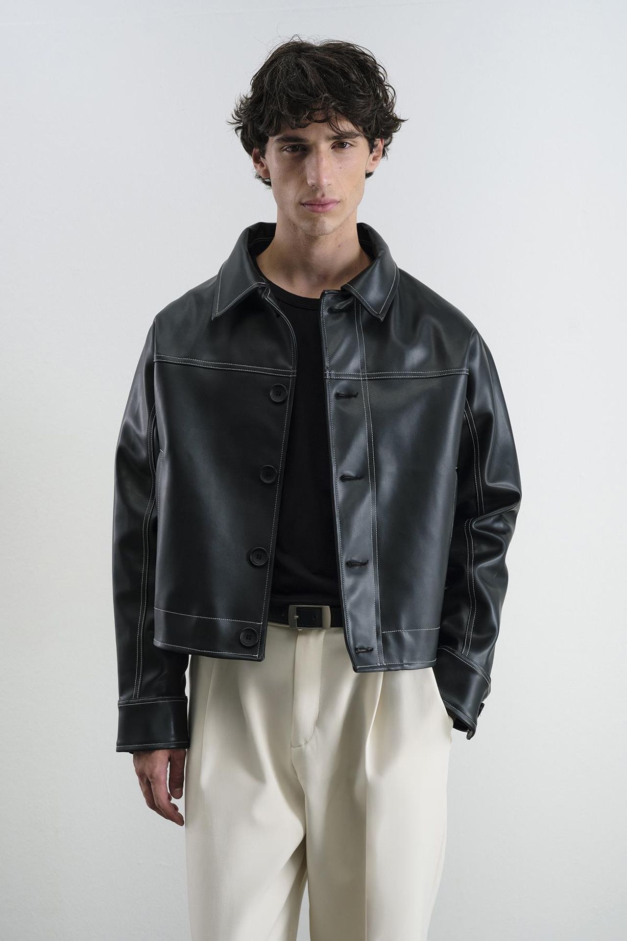 Cropped Faux Leather Button-Front Jacket with Shirt Collar 6