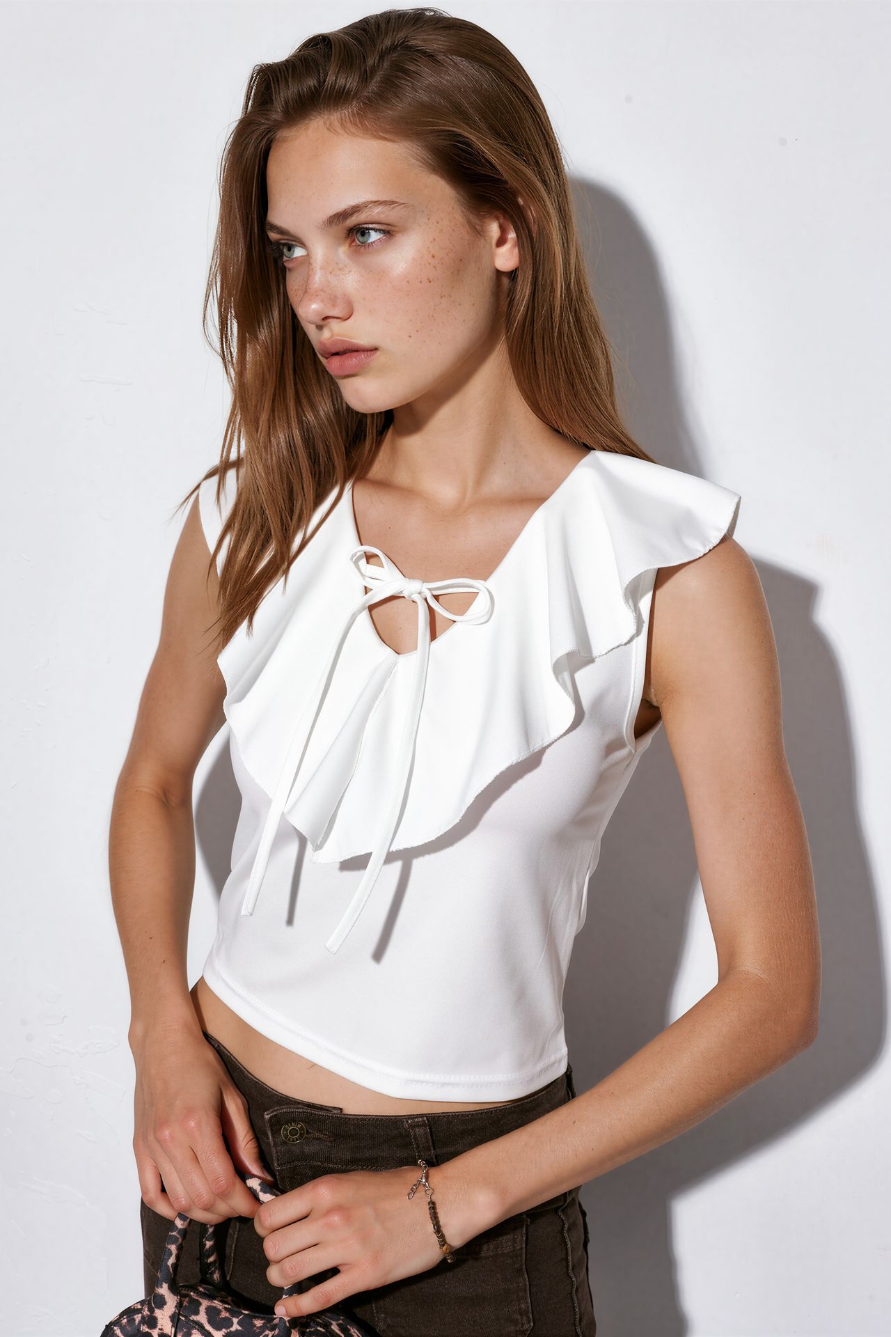 BDART Women's Solid Knit Crop Blouse With Tie Front 1