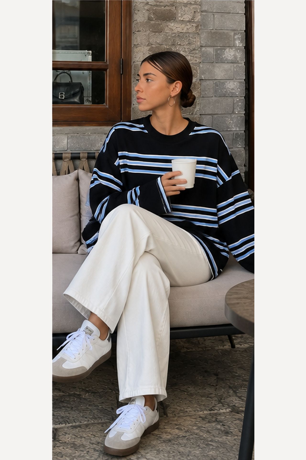 BIPANTOLON Kadın Oversize Çizgili Bisiklet Yaka Sweatshirt 6