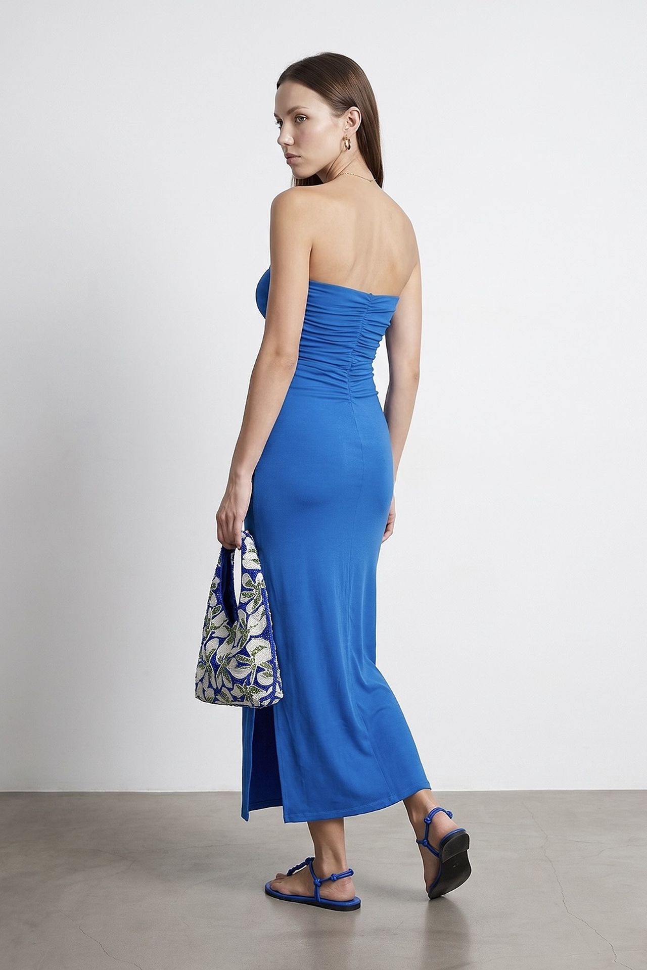 DILVIN Askısız Yırtmaçlı Uzun Bodycon Elbise 2