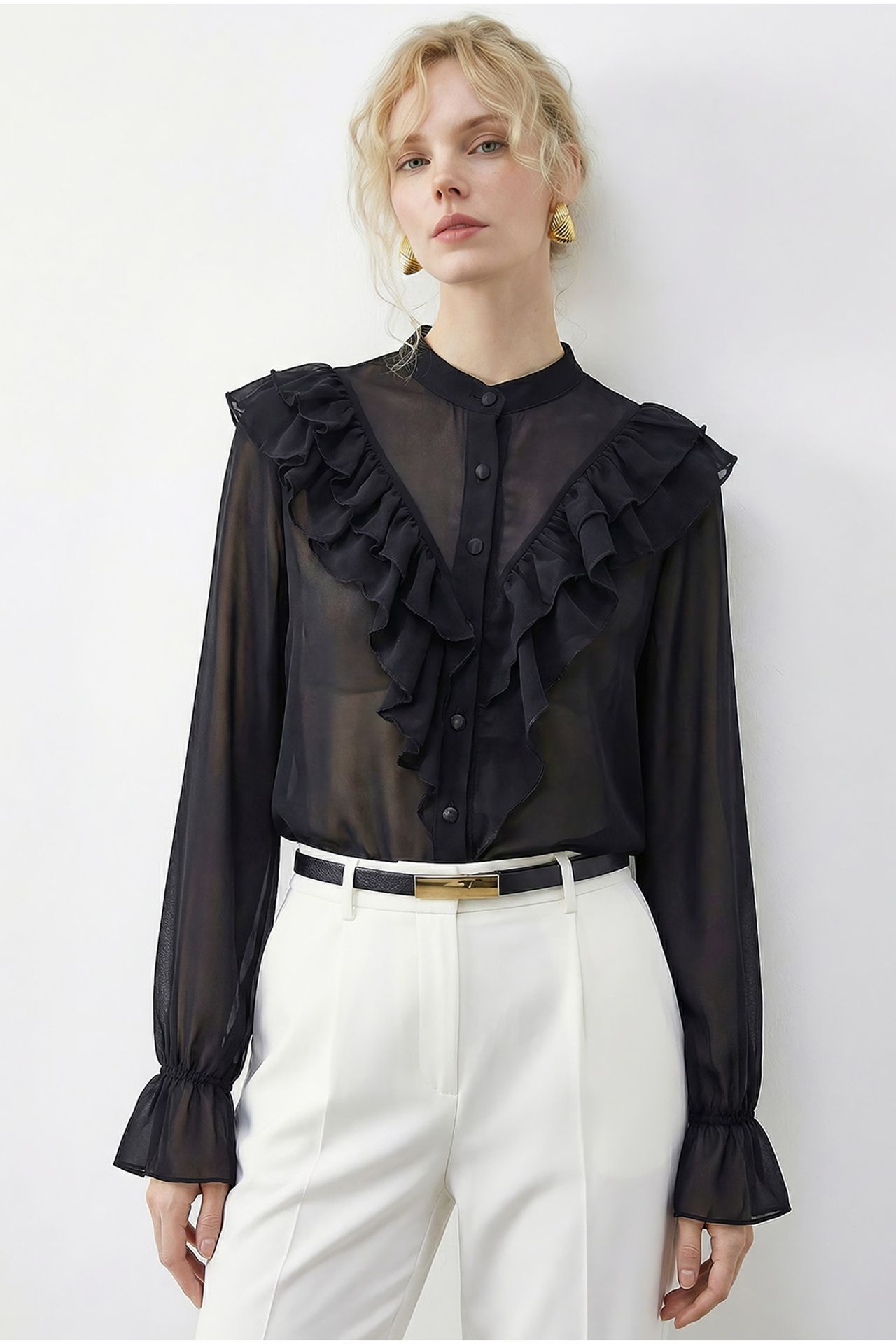 LUCCI Frilly Mandarin Collar Long Sleeve Chiffon Shirt 1