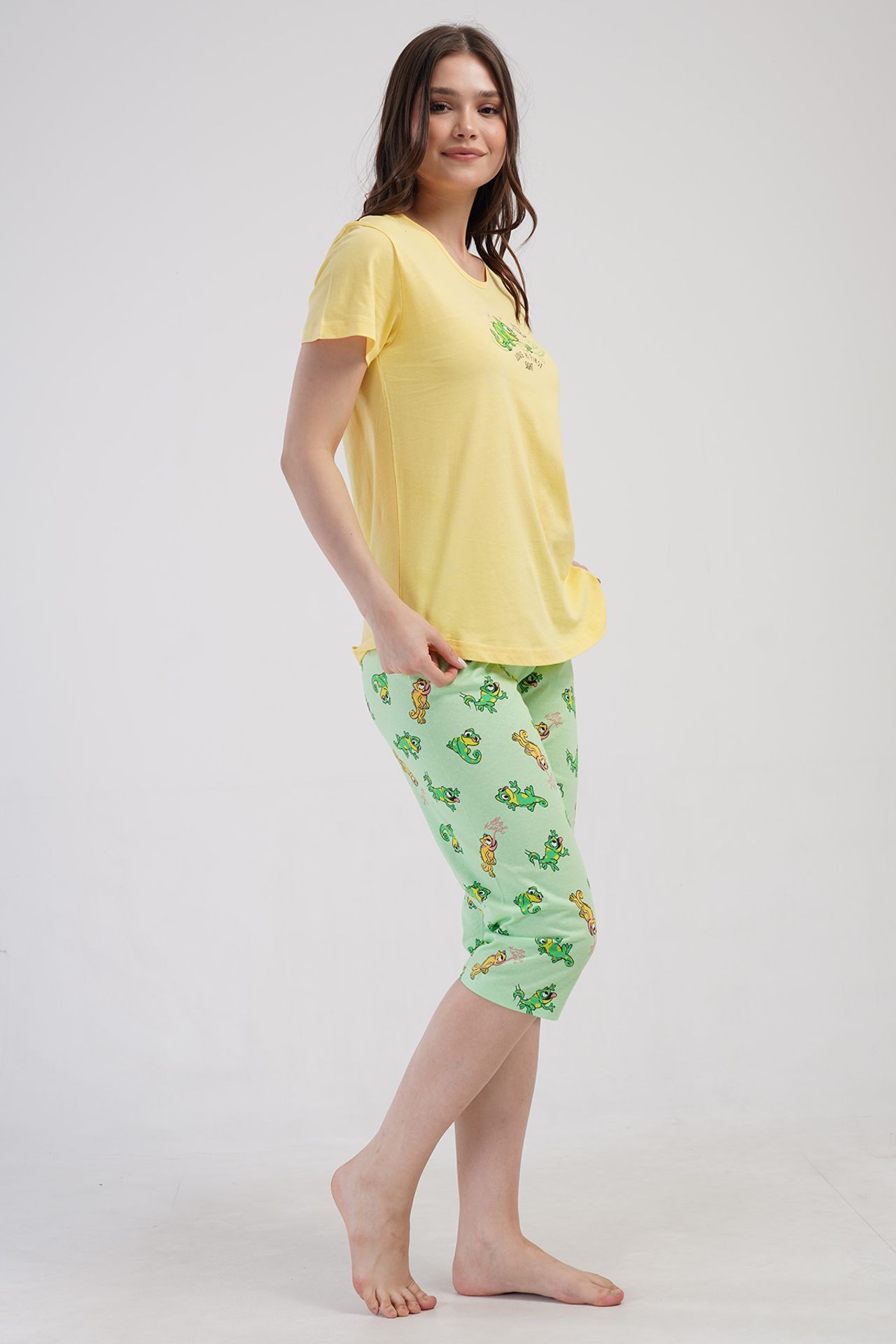 YAKE Baskılı Bisiklet Yaka 2 Parçalı Pijama Takımı 3