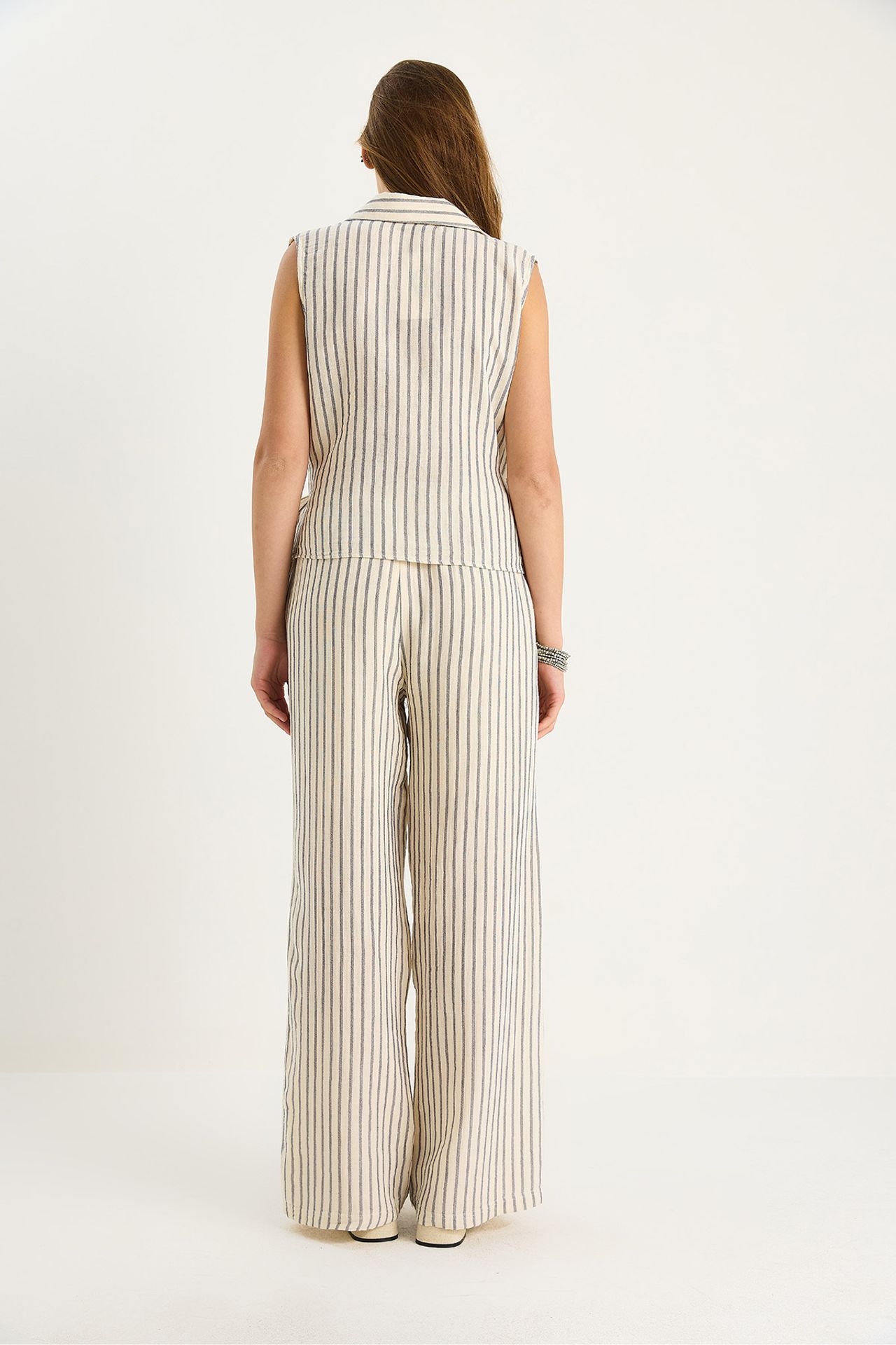 LUCCI Striped V-Neck Buttoned High Waist Wide Leg Two-Piece Set