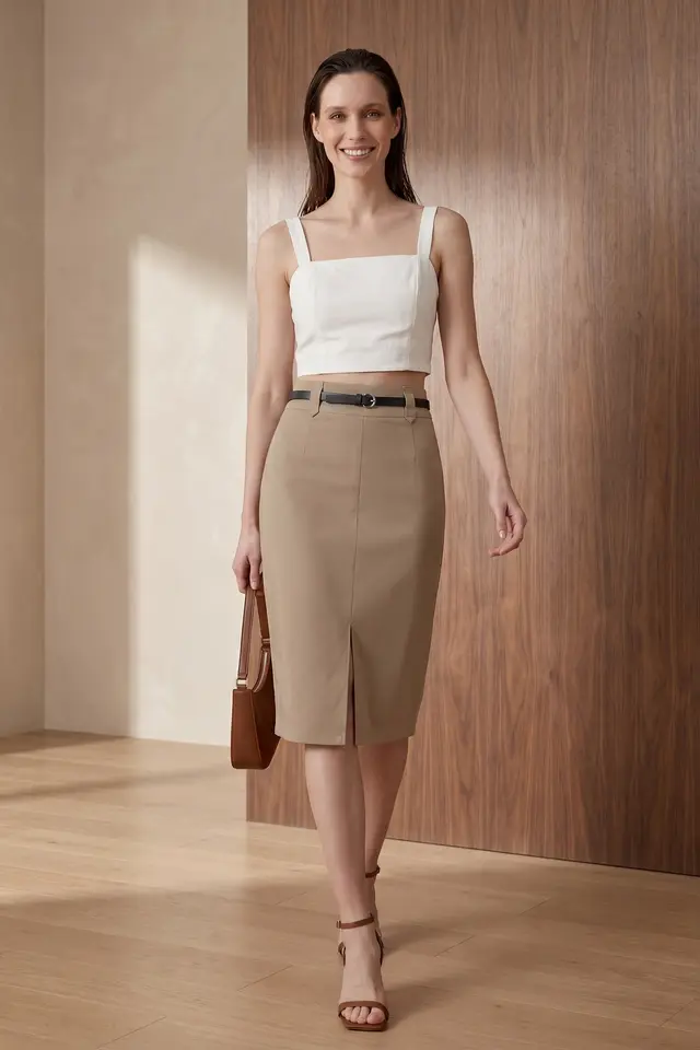 MY FASHION High-Waist Midi Pencil Skirt with Slit