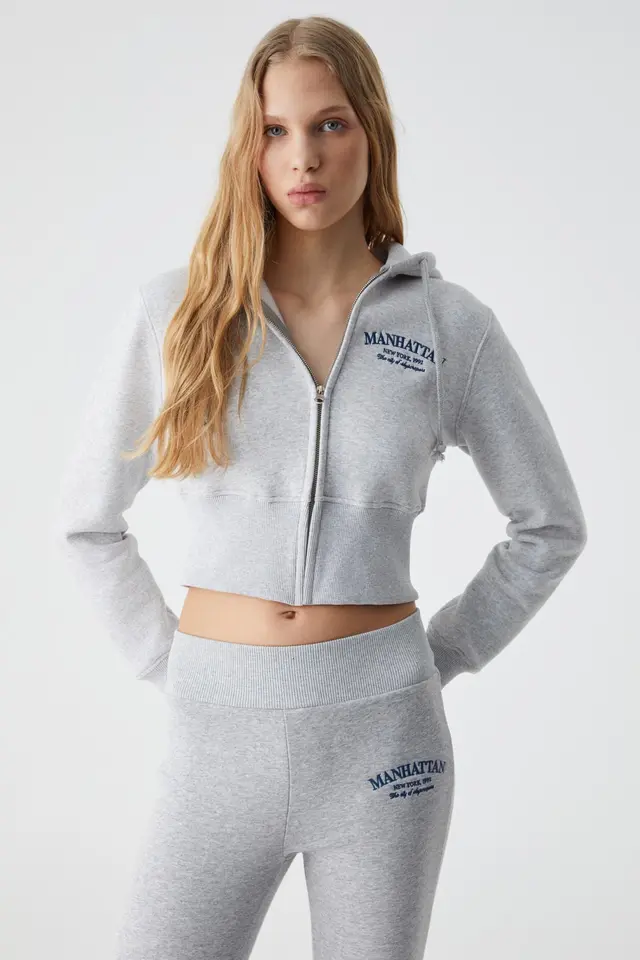 GRIMELANGE Crop Hooded Logo Zip Sweatshirt