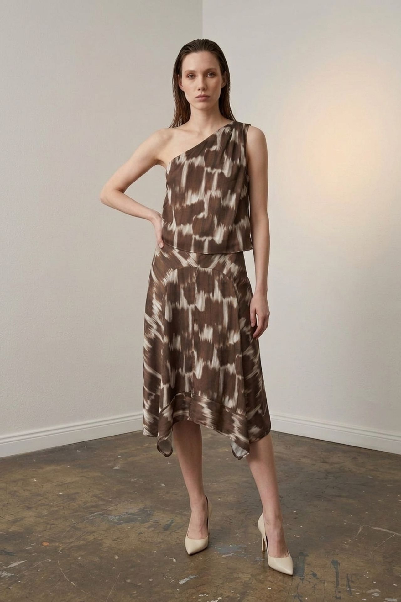 MY FASHION Asymmetrical Satin Blouse and Midi Skirt Set 4