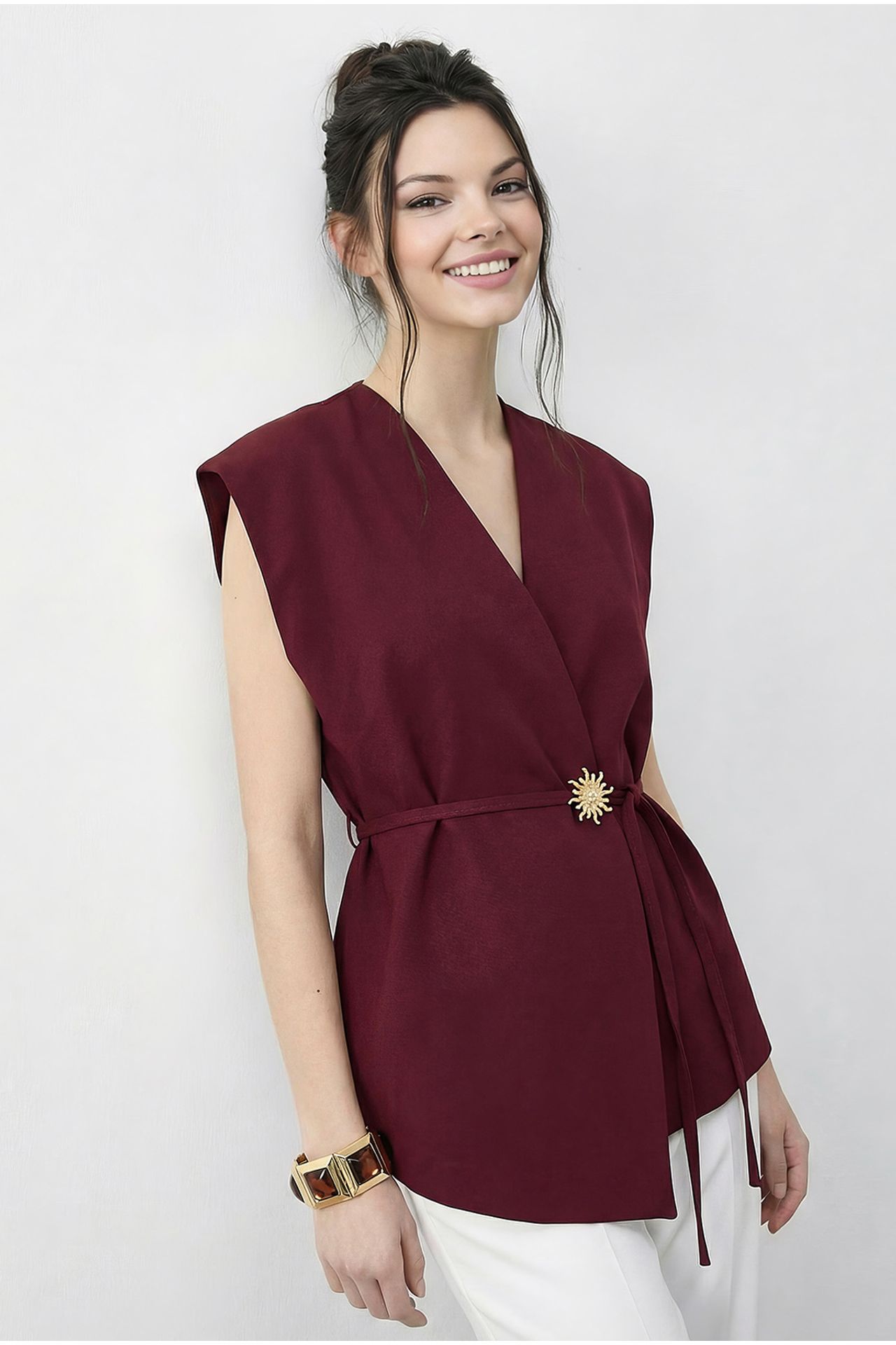 LUCCI Belted V-Neck Crepe Waistcoat 1