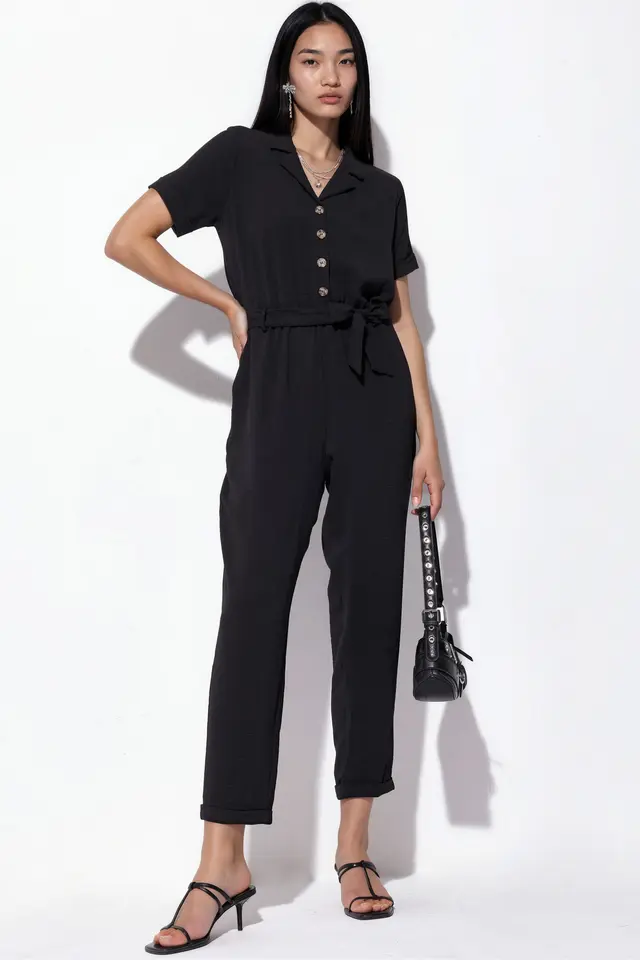 BDART Solid Woven Shirt-collar Jumpsuit With Bow Detail