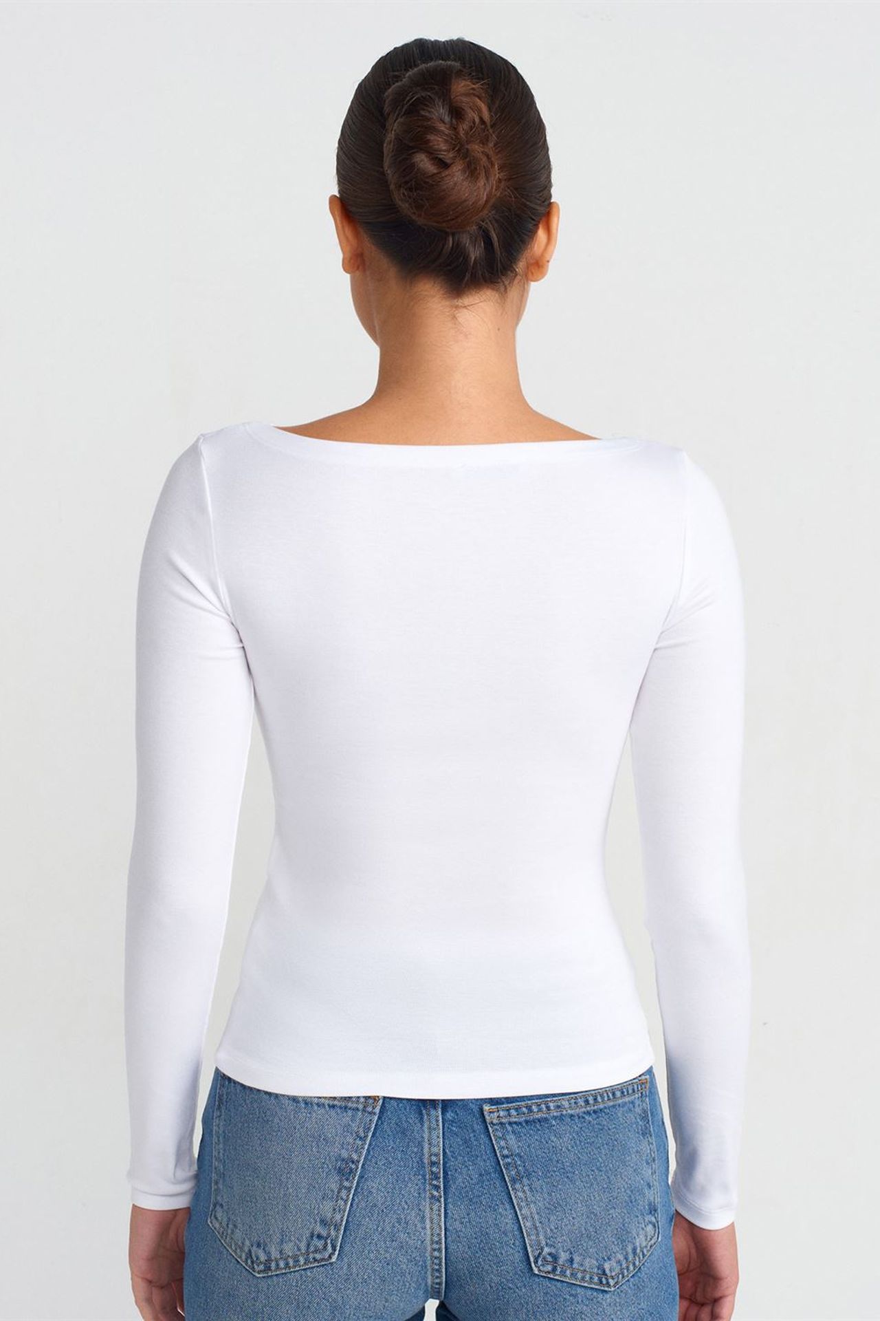 DILVIN Kadın Slim Fit Kayık Yaka Uzun Kollu Bluz 2