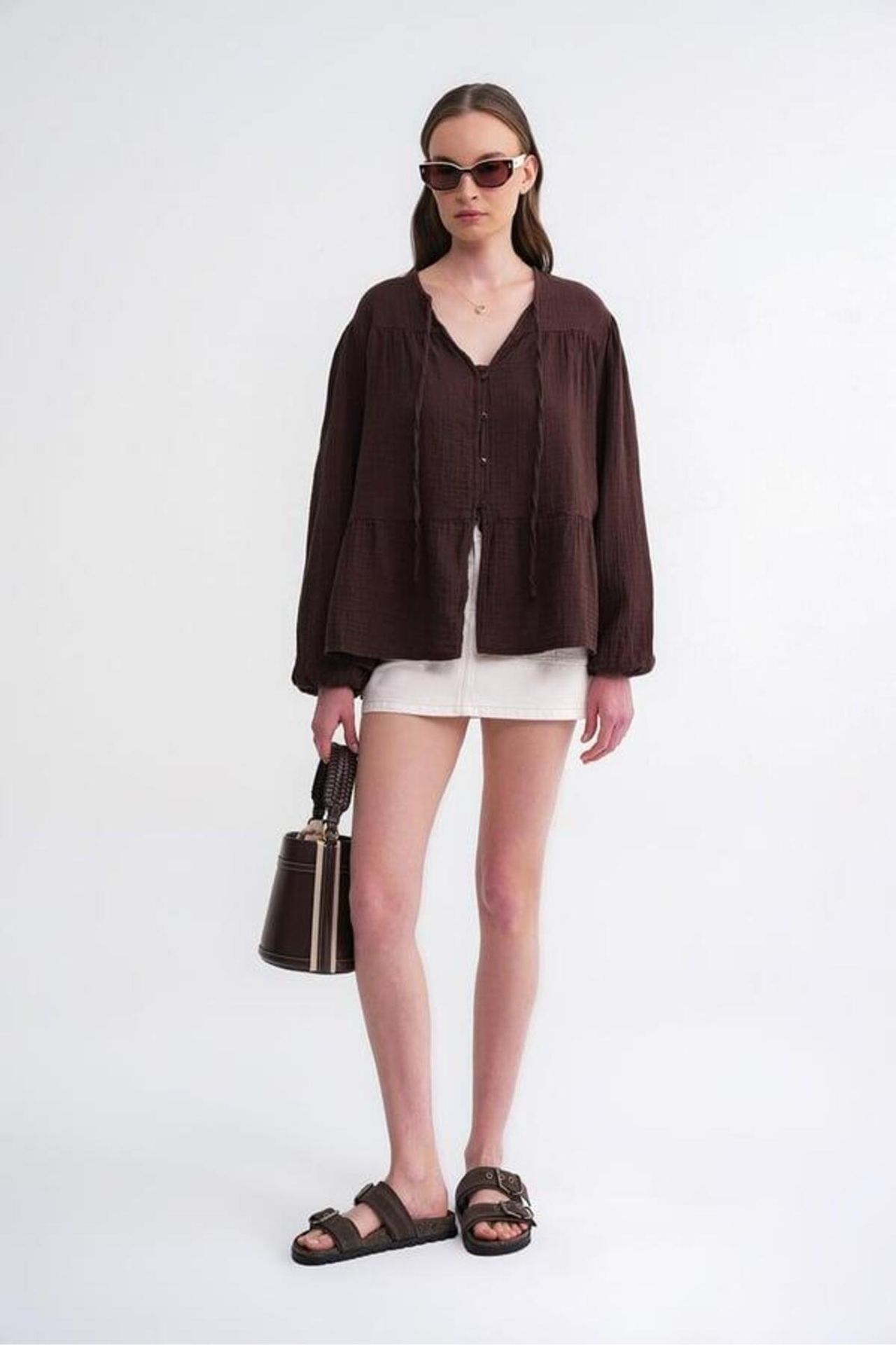 Mixray Long Sleeve Relaxed Fit Blouse with Tie-Neck 3