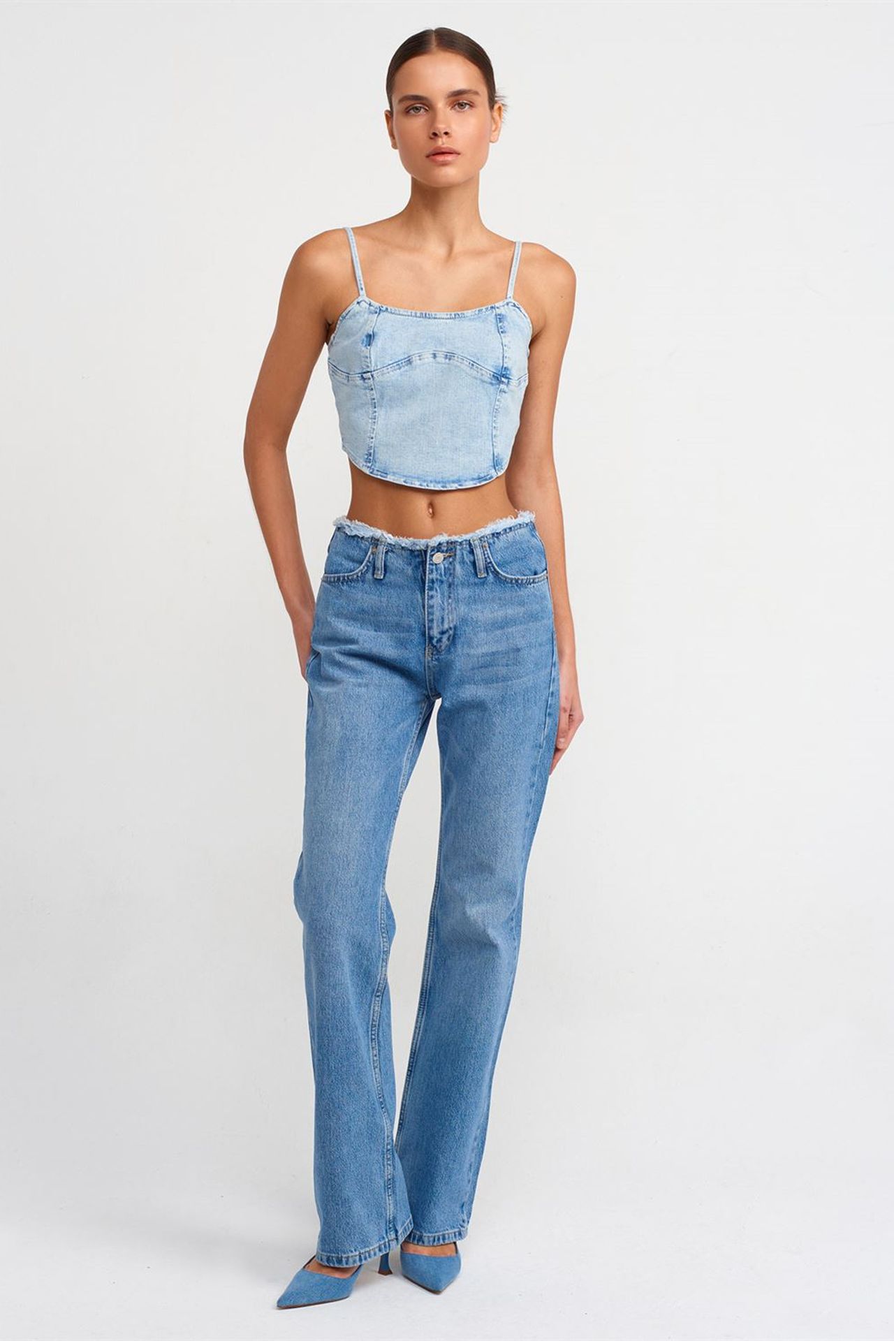 DILVIN Fitted Crop Denim Top With Square Neck 3