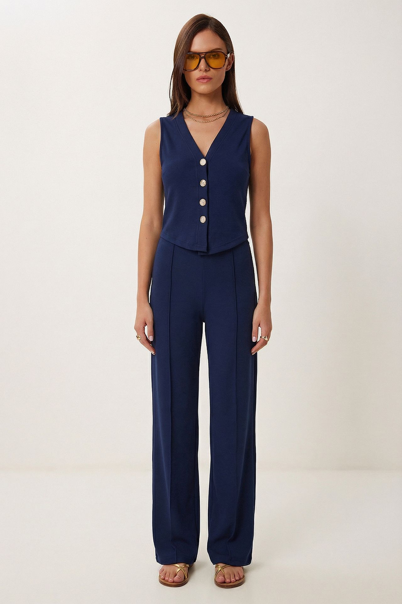 ISTANBUL High Waist V-neck Button-Up Wide Leg Co-ord Set 2