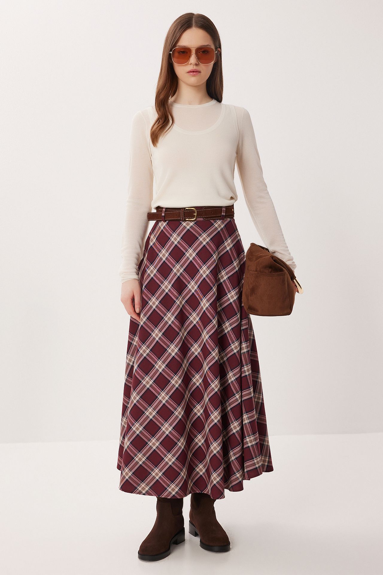 ISTANBUL High-Waist Plaid Midi A-Line Skirt 1