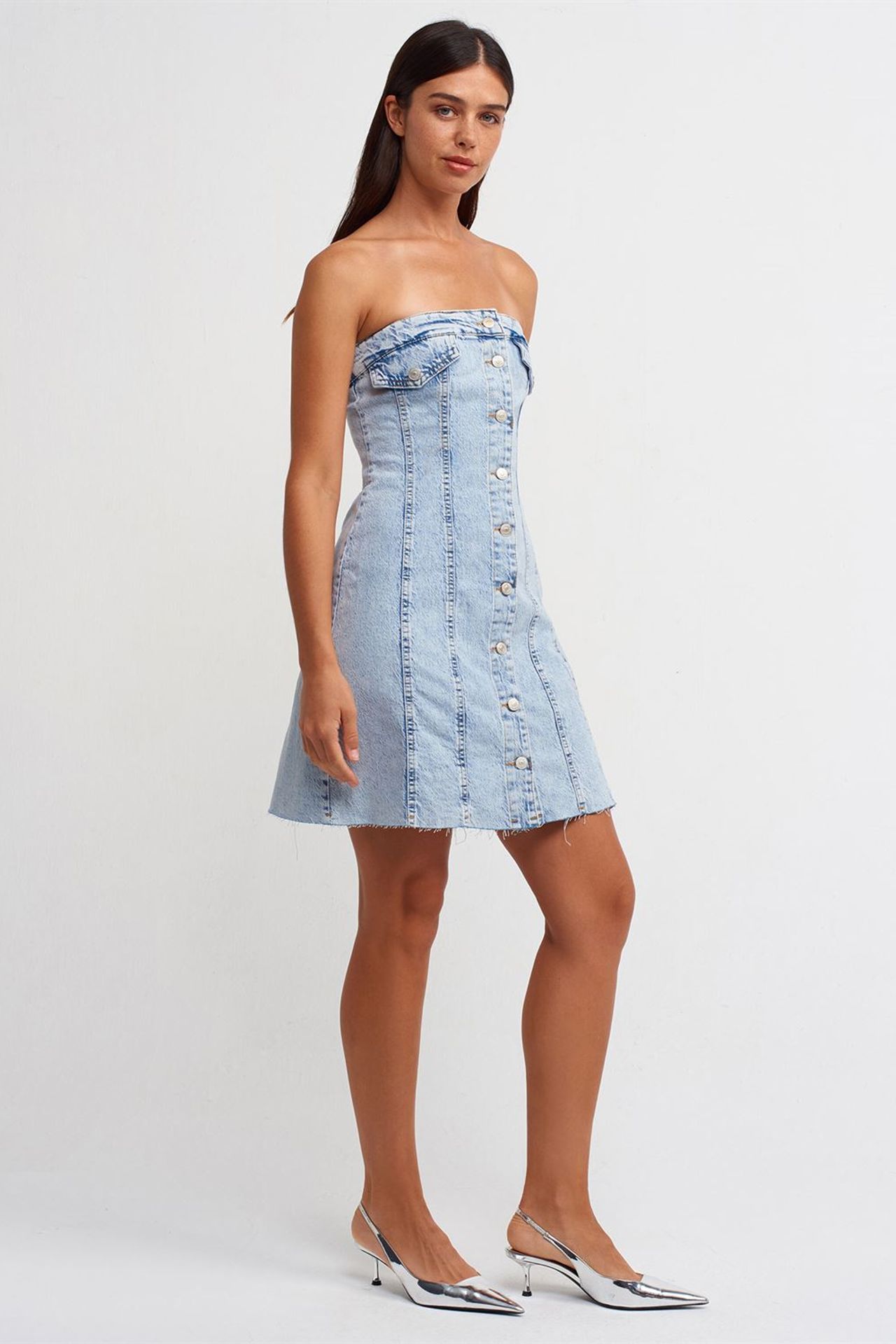DILVIN Straplez Mini Denim Elbise 3