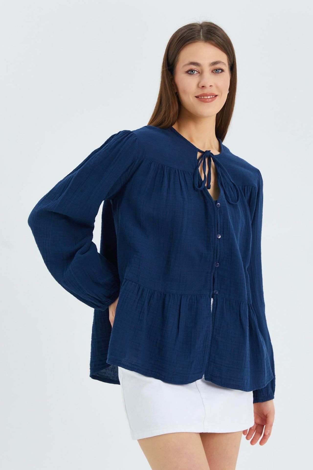 Mixray Long Sleeve Relaxed Fit Blouse with Tie-Neck 3