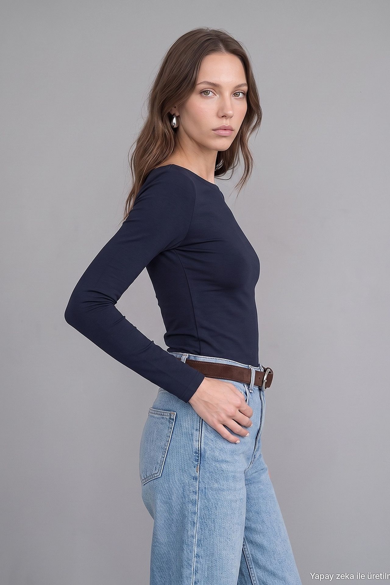 DILVIN Kadın Slim Fit Kayık Yaka Uzun Kollu Bluz 2