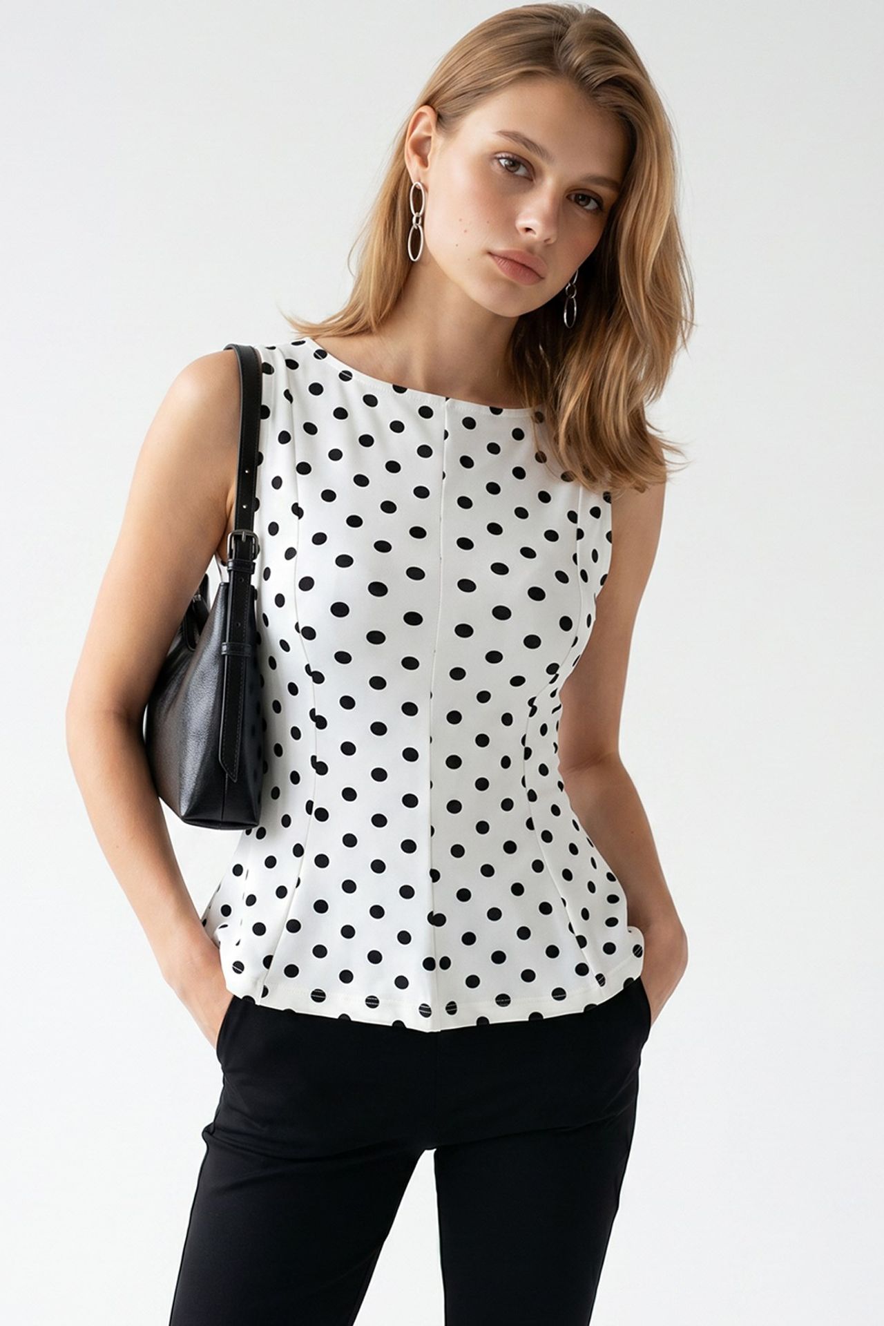 MIXRAY Fitted Polka Dot Peplum Blouse 1