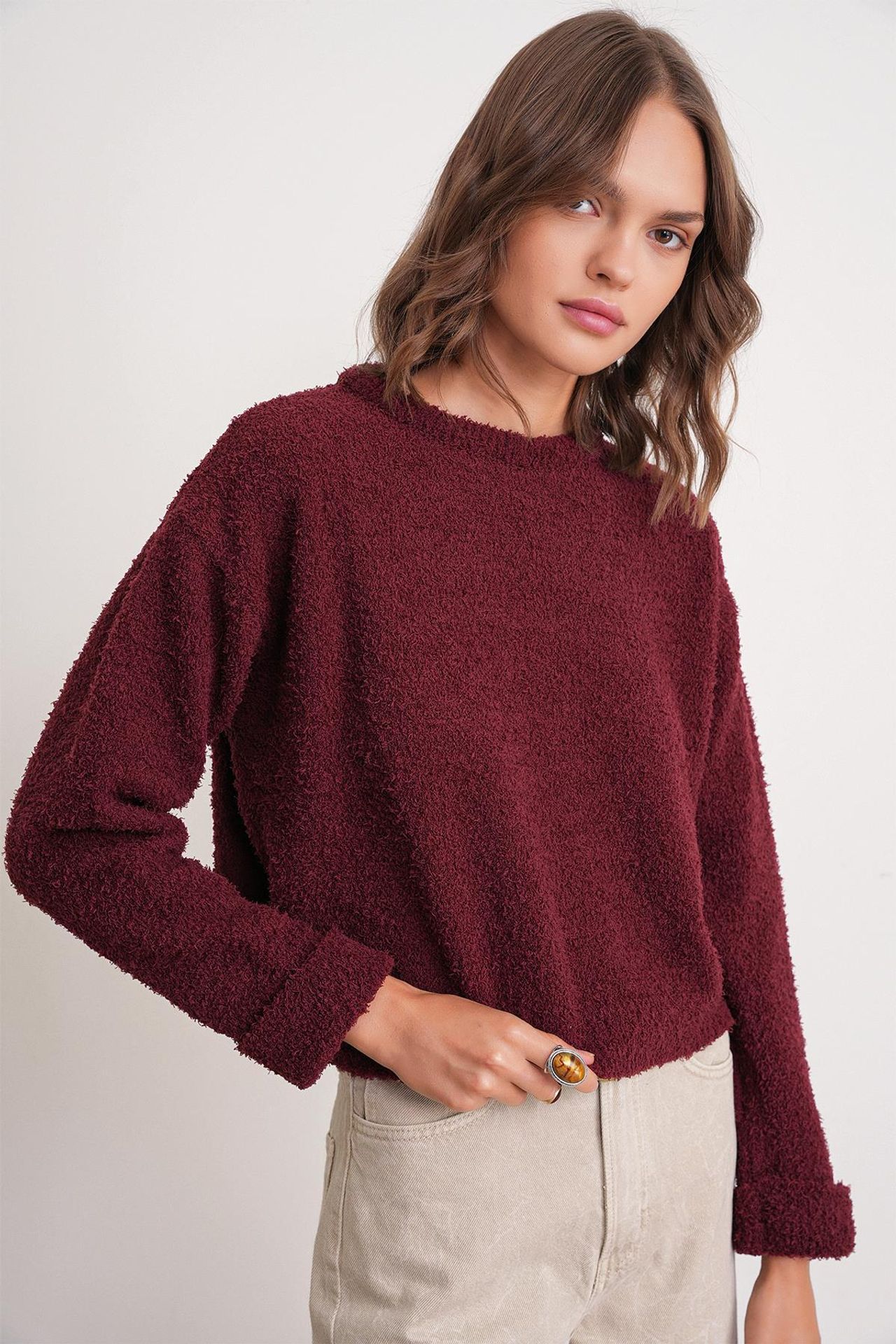 Mixray Plush Textured Crop Knit Sweater 1