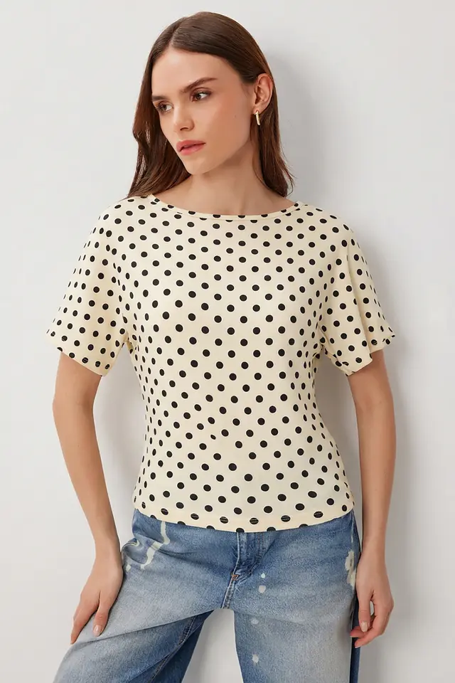 ISTANBUL Cotton Polka Dot Boat Neck Blouse