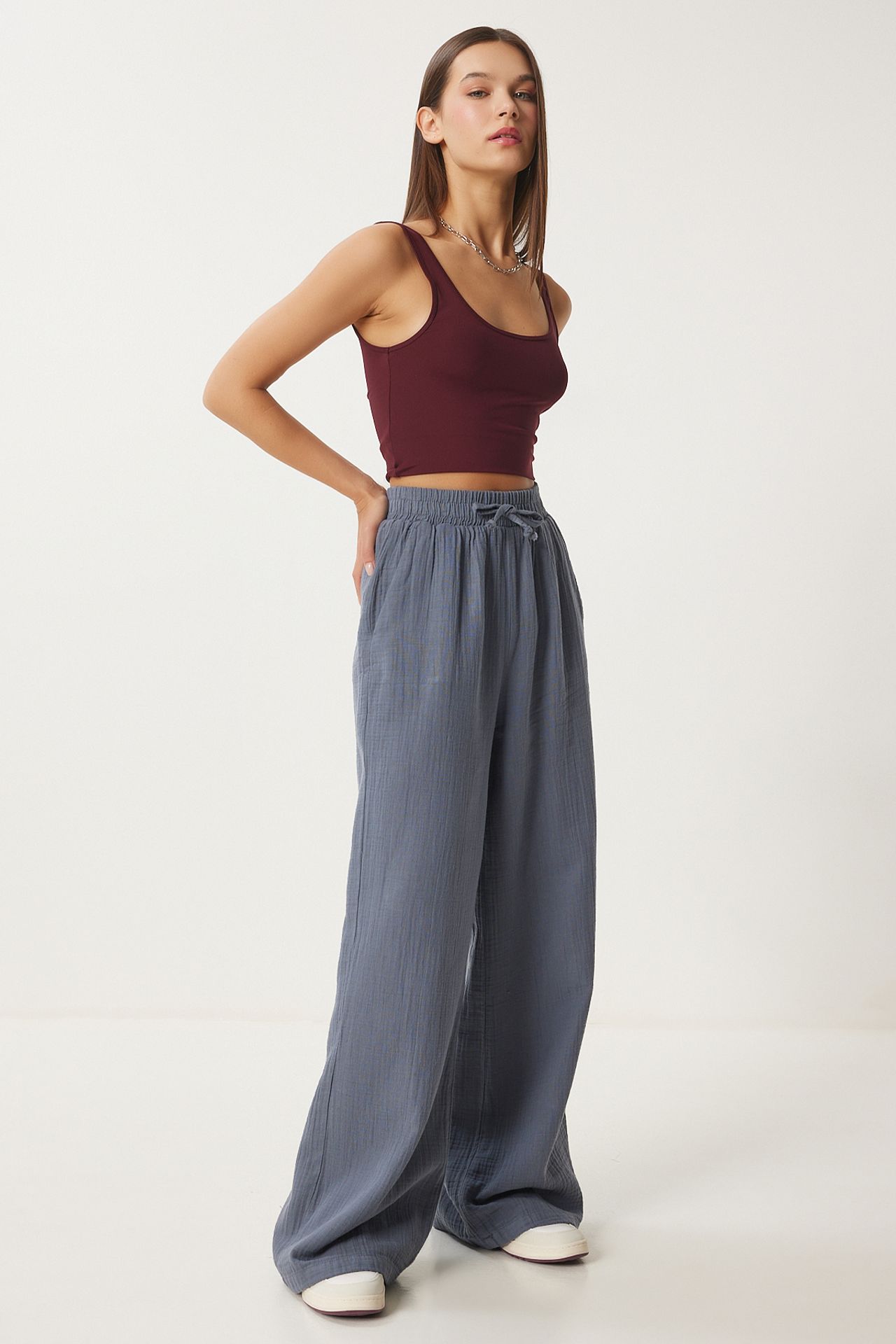 ISTANBUL Wide Leg Drawstring Waist Pants with Binding Detail 4